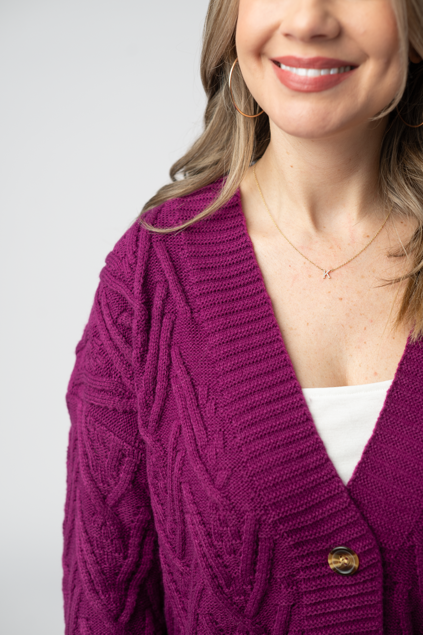 IN STOCK Brooks Button Sweater Cardigan - Magenta-Cardigan-Dear Me Southern Boutique, located in DeRidder, Louisiana