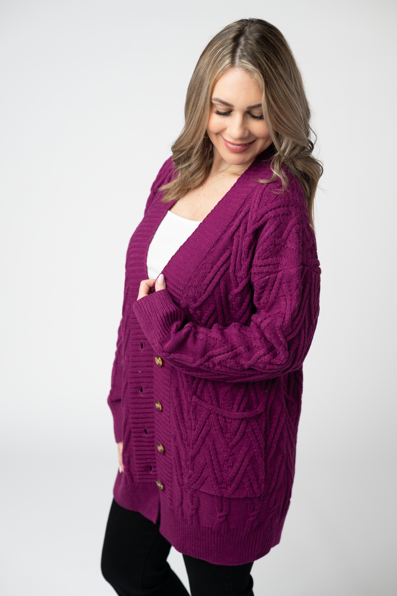 IN STOCK Brooks Button Sweater Cardigan - Magenta-Cardigan-Dear Me Southern Boutique, located in DeRidder, Louisiana