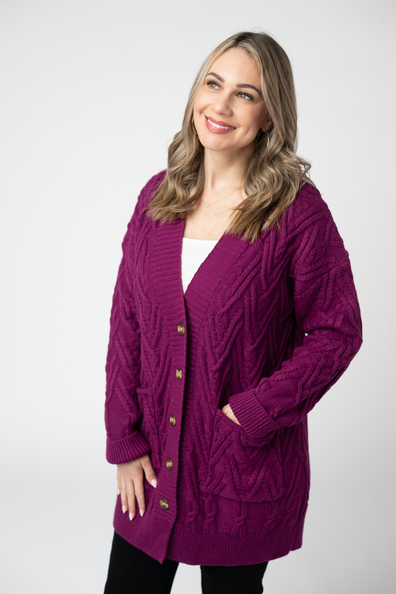 IN STOCK Brooks Button Sweater Cardigan - Magenta-Cardigan-Dear Me Southern Boutique, located in DeRidder, Louisiana