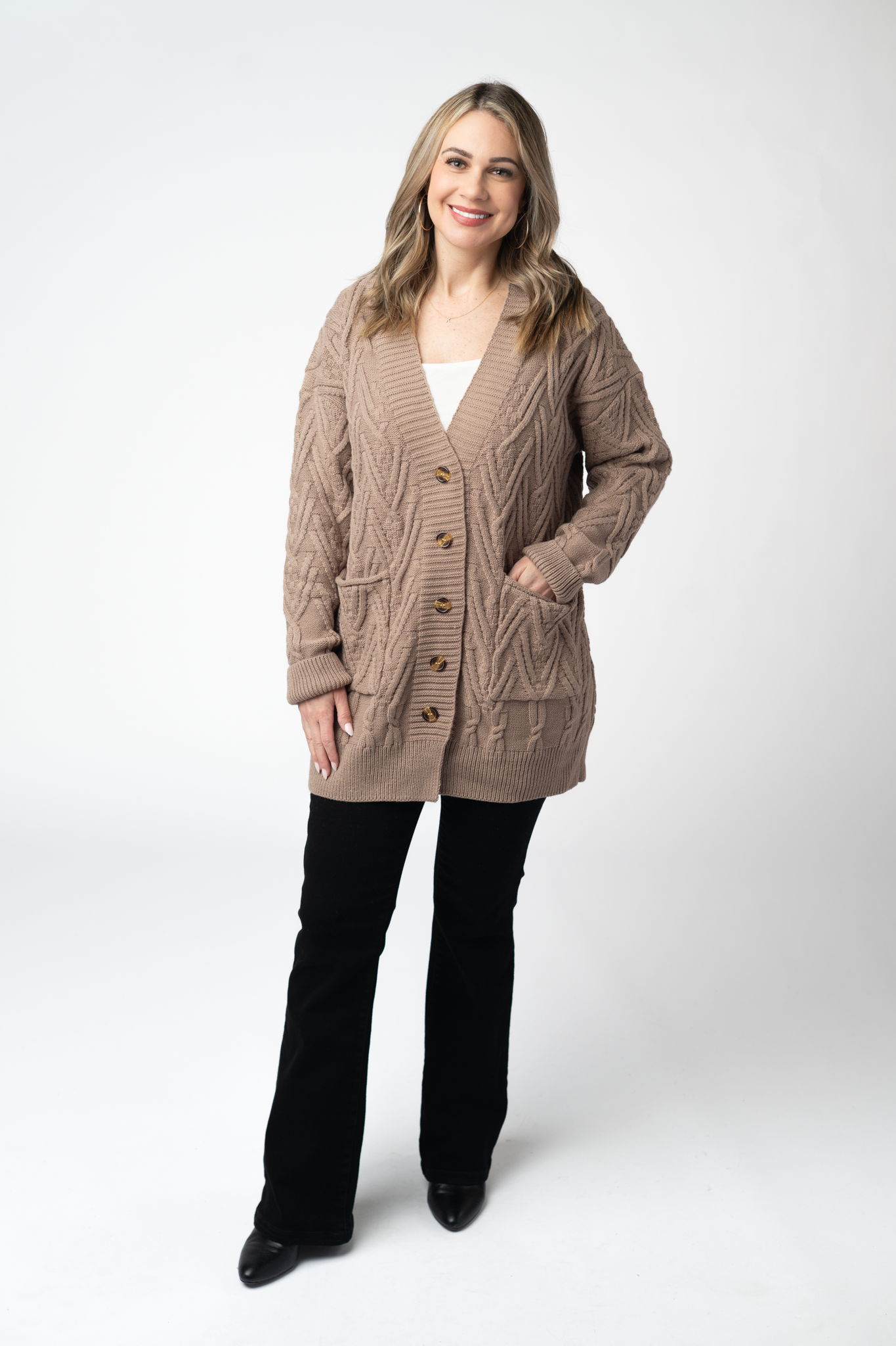 IN STOCK Brooks Button Sweater Cardigan - Mocha-Cardigan-Dear Me Southern Boutique, located in DeRidder, Louisiana