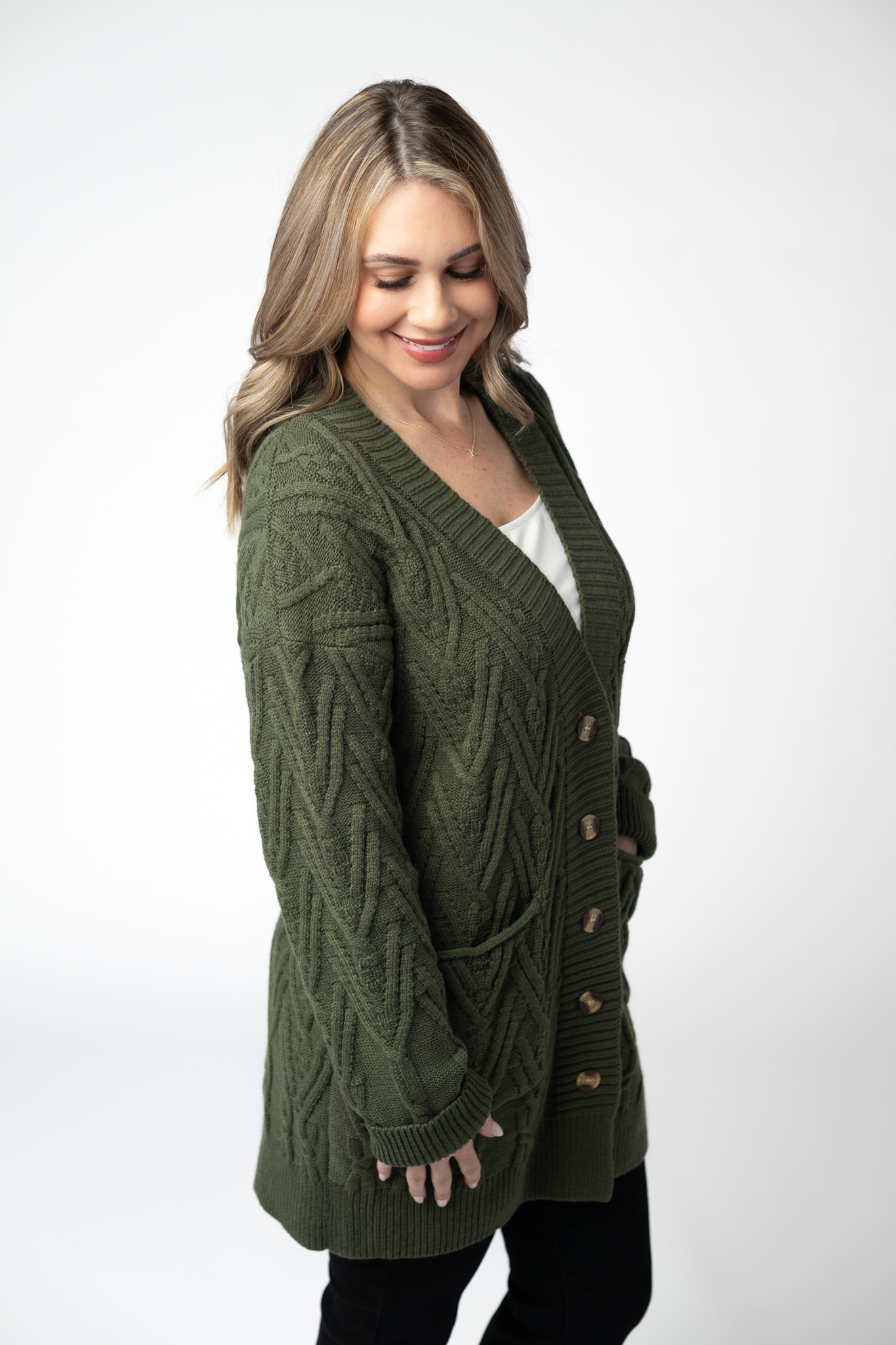 IN STOCK Brooks Button Sweater Cardigan - Olive-Cardigan-Dear Me Southern Boutique, located in DeRidder, Louisiana