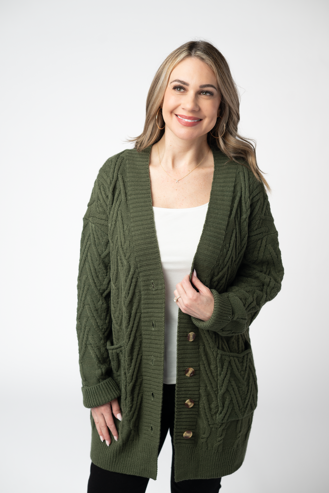 IN STOCK Brooks Button Sweater Cardigan - Olive-Cardigan-Dear Me Southern Boutique, located in DeRidder, Louisiana