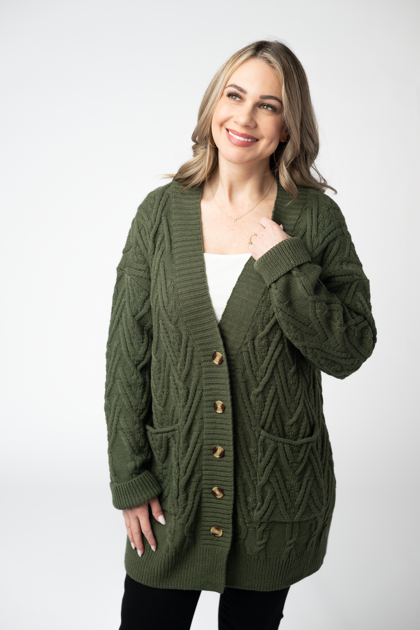 IN STOCK Brooks Button Sweater Cardigan - Olive-Cardigan-Dear Me Southern Boutique, located in DeRidder, Louisiana