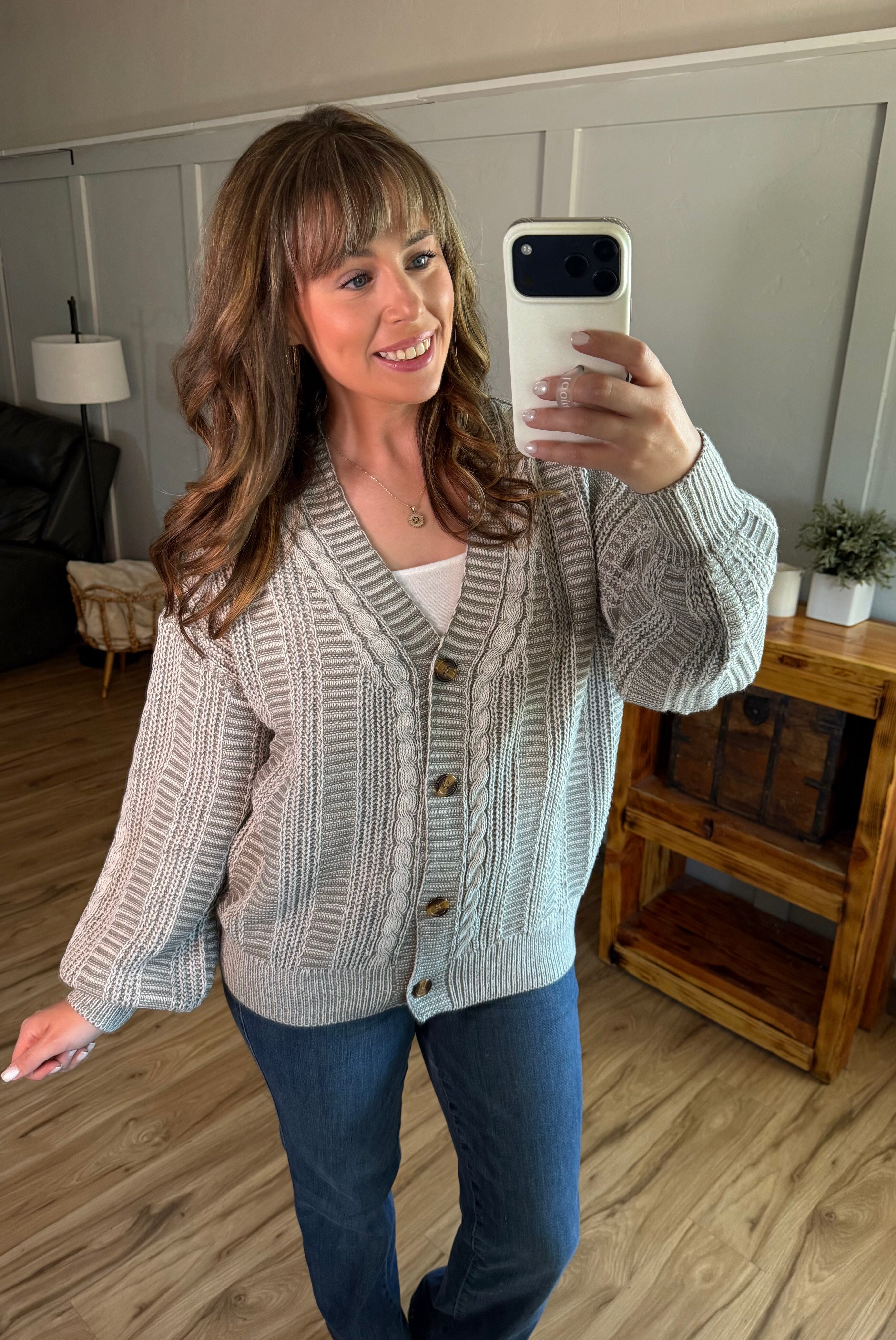 IN STOCK Cable Cardigan - Grey-Cardigan-Dear Me Southern Boutique, located in DeRidder, Louisiana