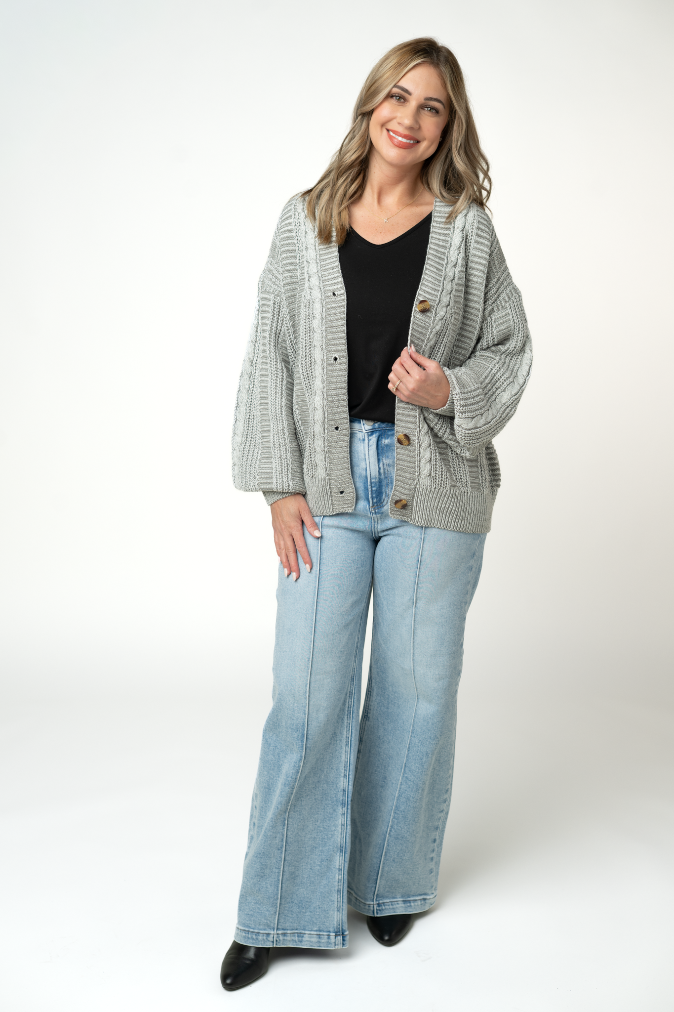 IN STOCK Cable Cardigan - Grey-Cardigan-Dear Me Southern Boutique, located in DeRidder, Louisiana