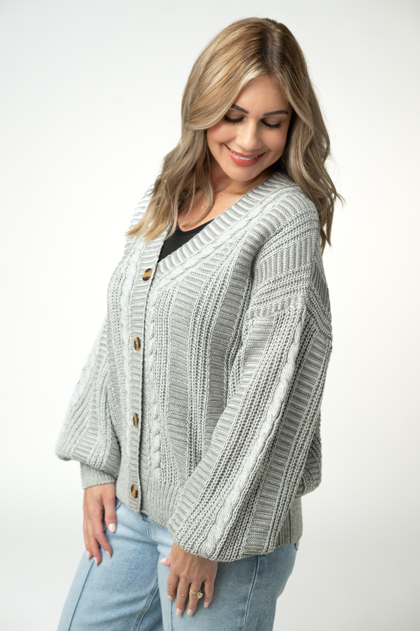 IN STOCK Cable Cardigan - Grey-Cardigan-Dear Me Southern Boutique, located in DeRidder, Louisiana