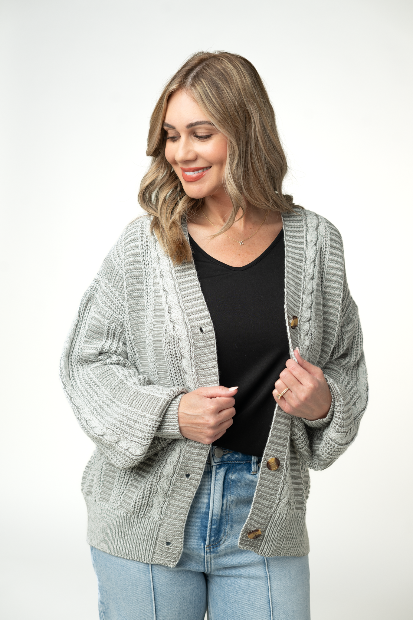 IN STOCK Cable Cardigan - Grey-Cardigan-Dear Me Southern Boutique, located in DeRidder, Louisiana
