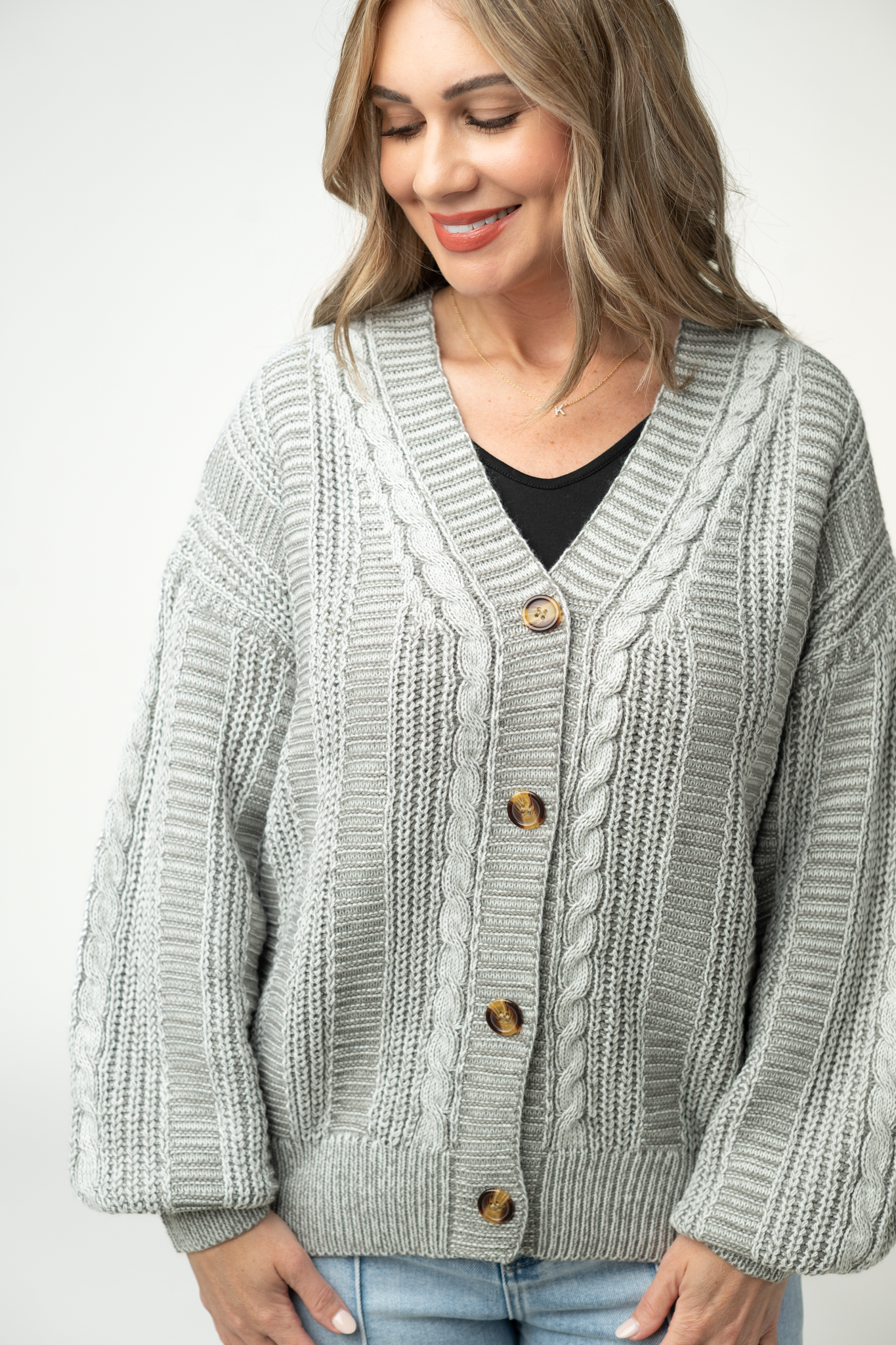 IN STOCK Cable Cardigan - Grey-Cardigan-Dear Me Southern Boutique, located in DeRidder, Louisiana