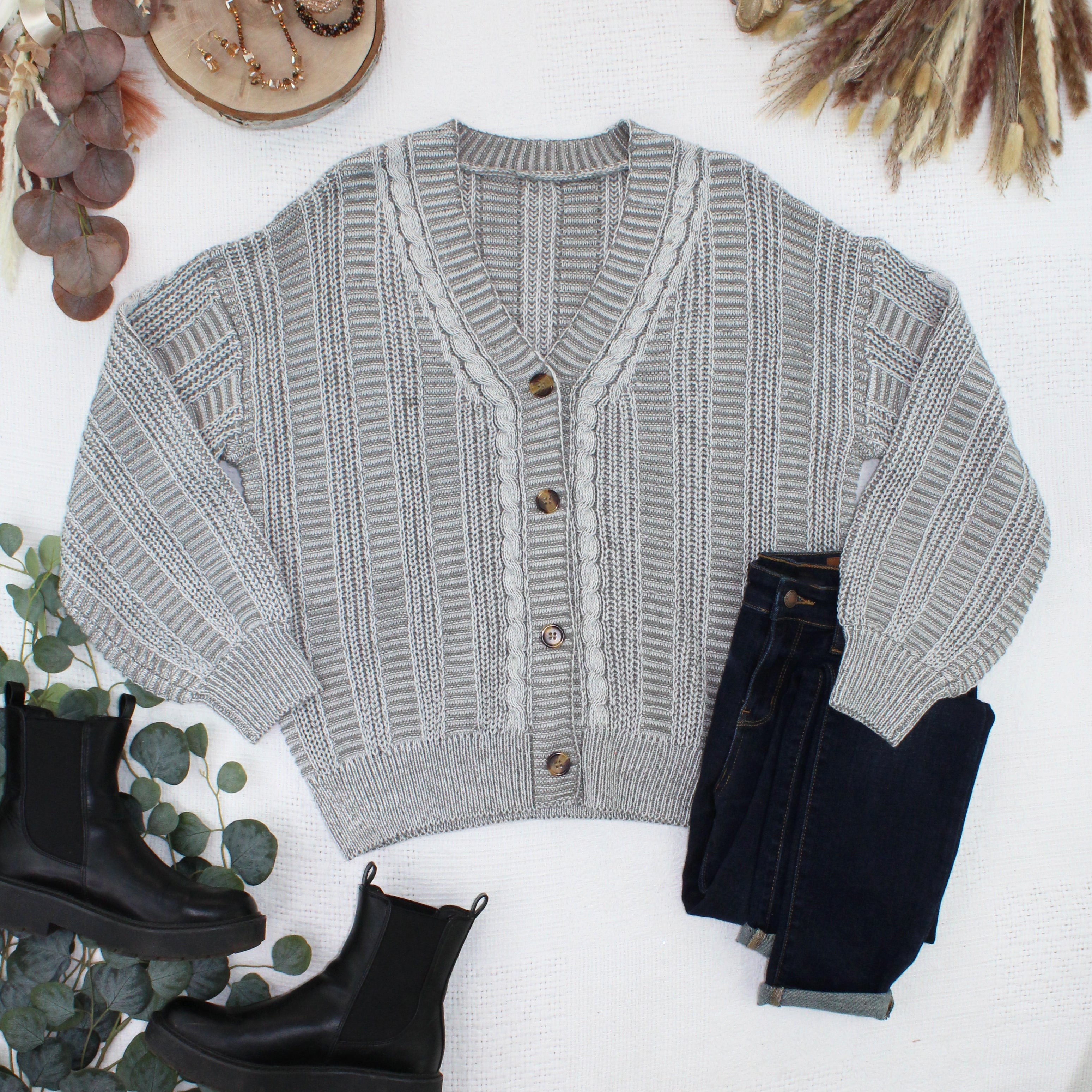 IN STOCK Cable Cardigan - Grey-Cardigan-Dear Me Southern Boutique, located in DeRidder, Louisiana