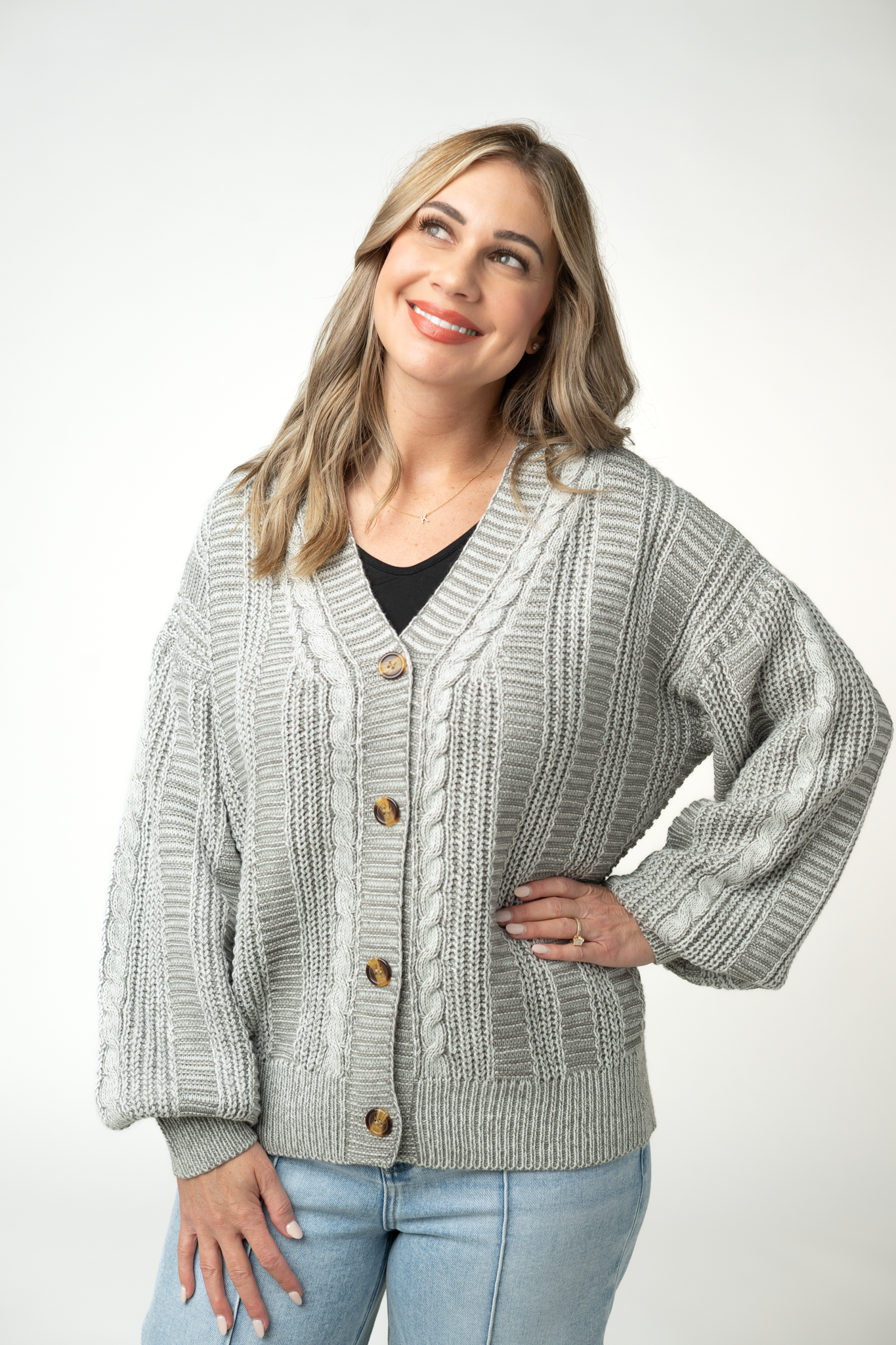 IN STOCK Cable Cardigan - Grey-Cardigan-Dear Me Southern Boutique, located in DeRidder, Louisiana