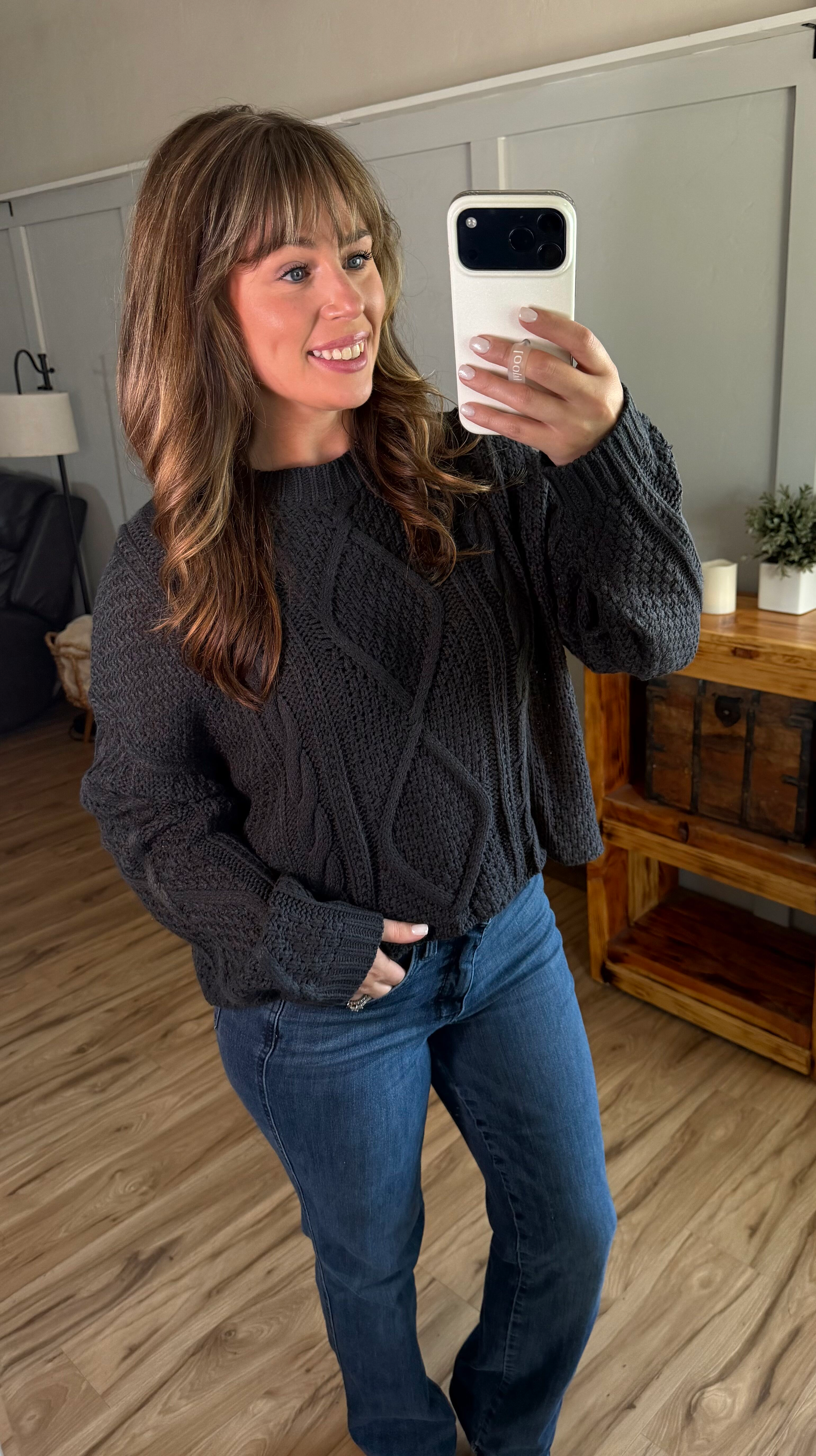 IN STOCK Cable Knit Sweater - Charcoal-sweater-Dear Me Southern Boutique, located in DeRidder, Louisiana