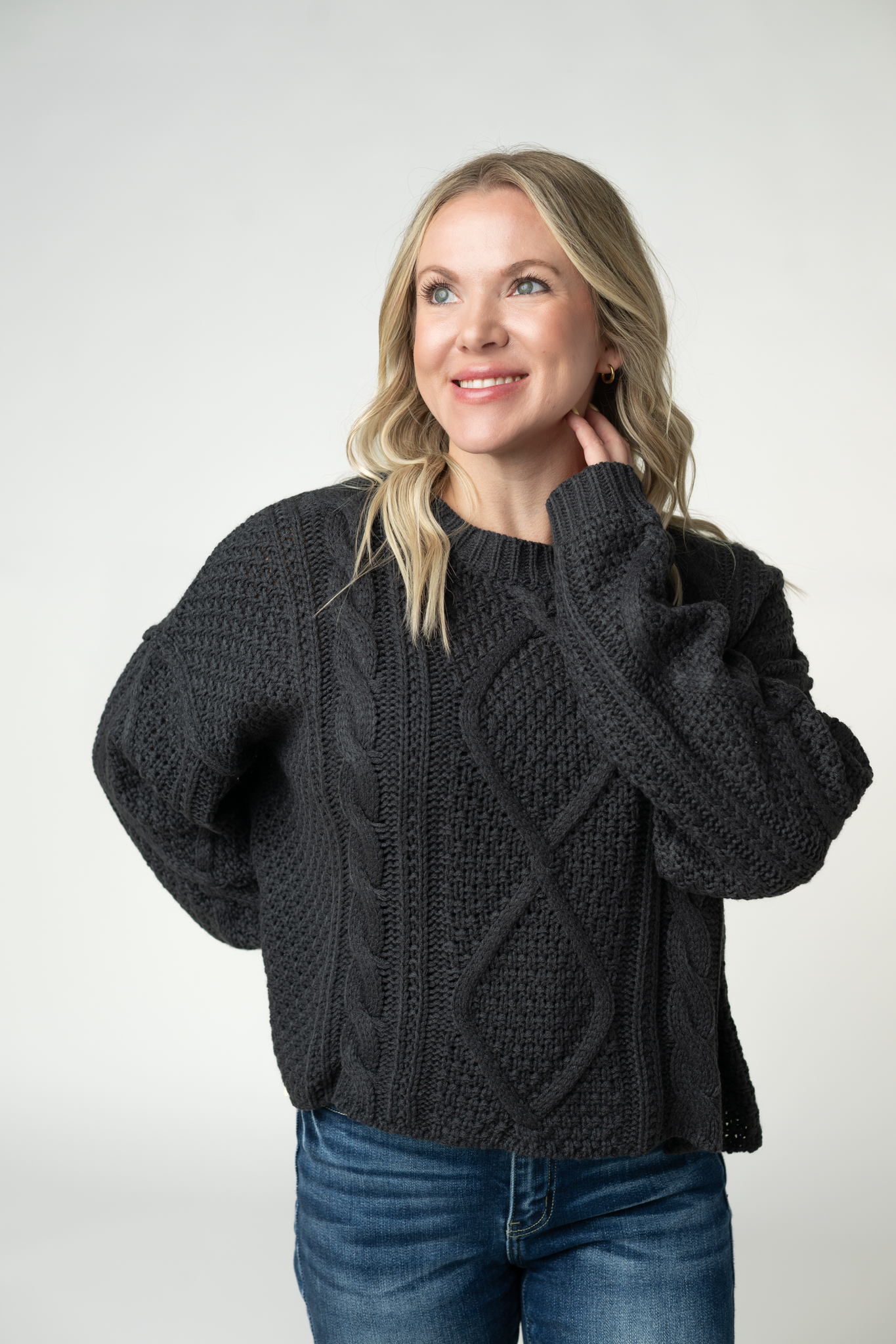 IN STOCK Cable Knit Sweater - Charcoal-sweater-Dear Me Southern Boutique, located in DeRidder, Louisiana