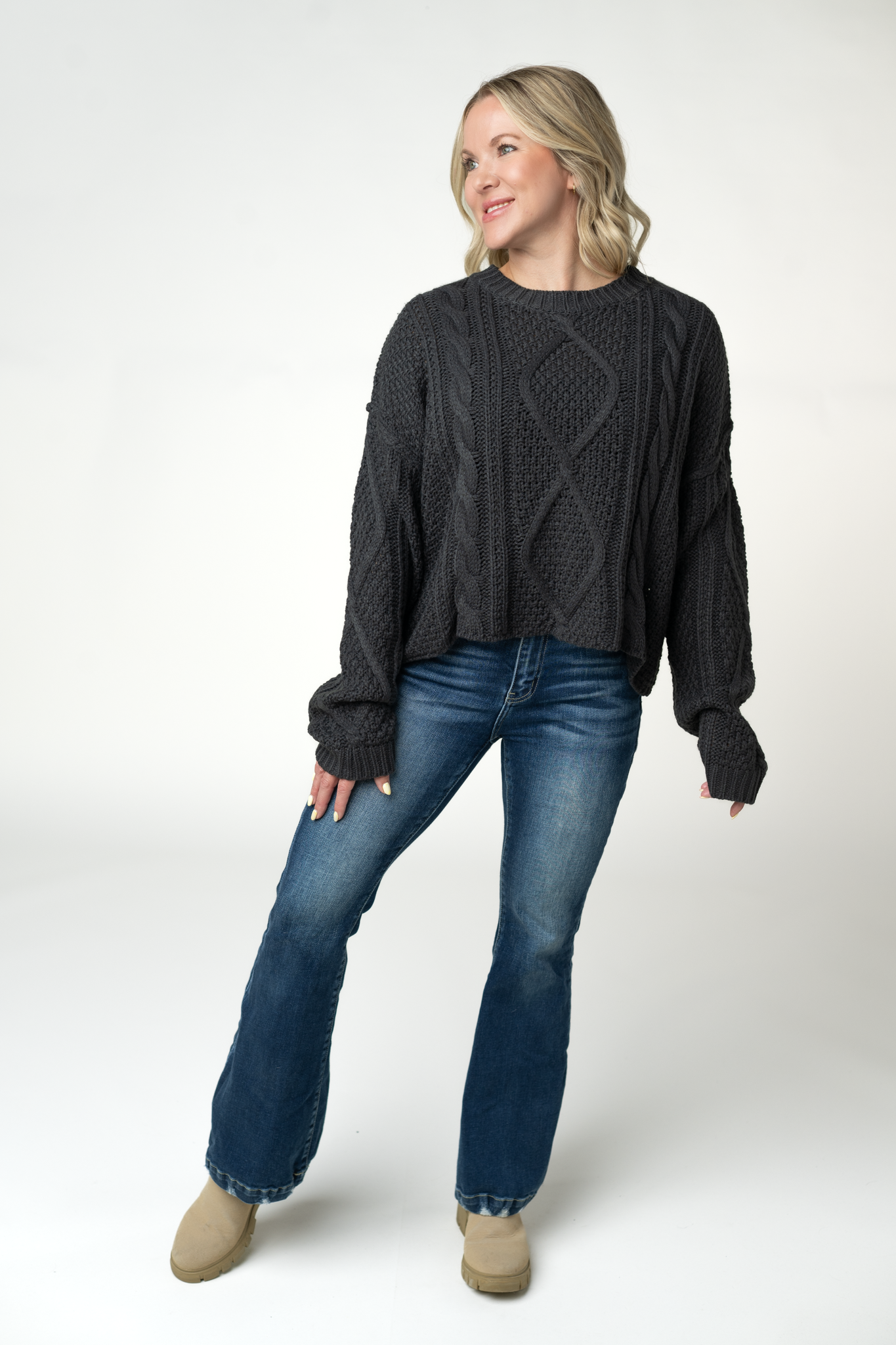 IN STOCK Cable Knit Sweater - Charcoal-sweater-Dear Me Southern Boutique, located in DeRidder, Louisiana