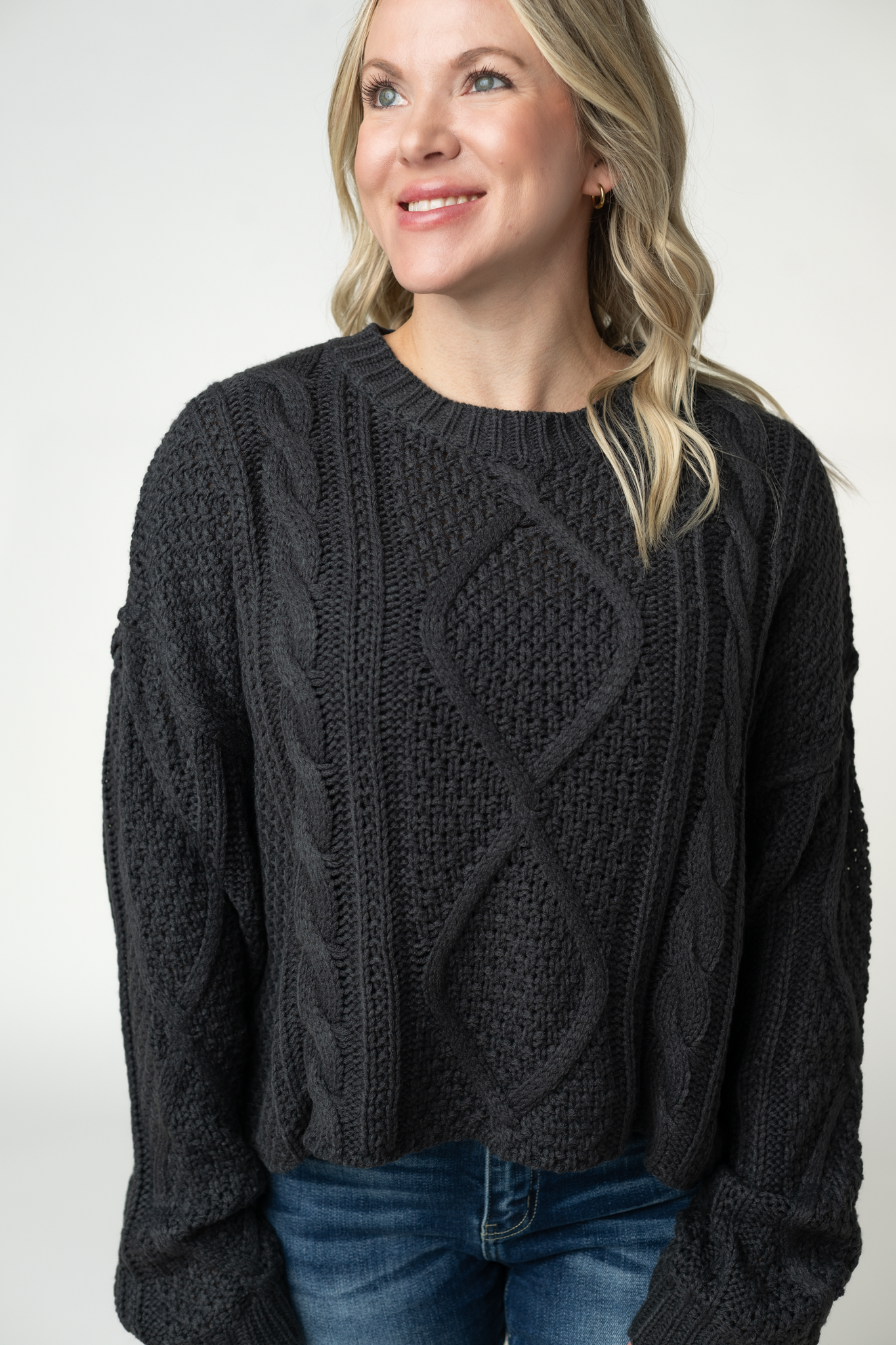 IN STOCK Cable Knit Sweater - Charcoal-sweater-Dear Me Southern Boutique, located in DeRidder, Louisiana