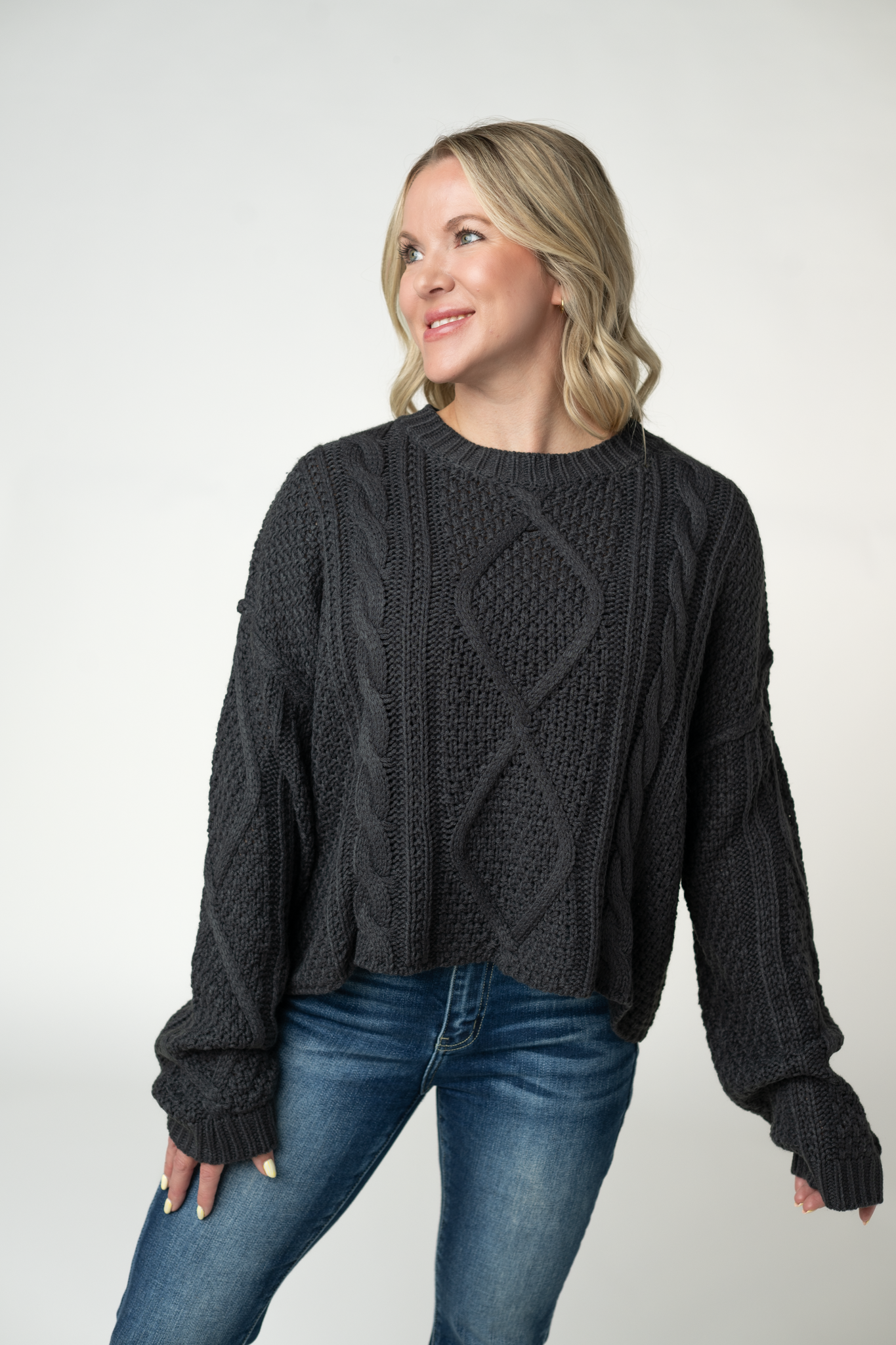IN STOCK Cable Knit Sweater - Charcoal-sweater-Dear Me Southern Boutique, located in DeRidder, Louisiana