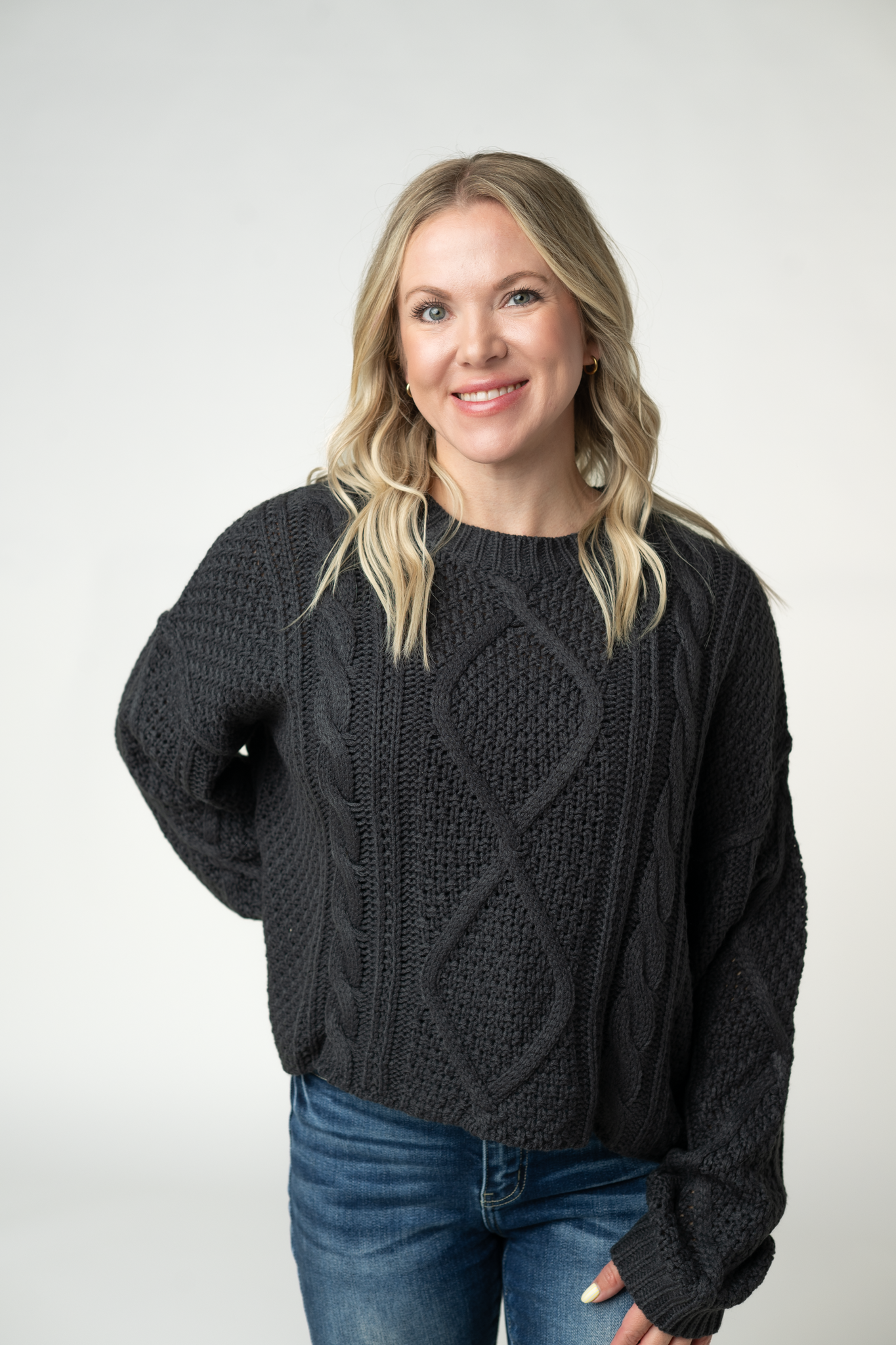 IN STOCK Cable Knit Sweater - Charcoal-sweater-Dear Me Southern Boutique, located in DeRidder, Louisiana