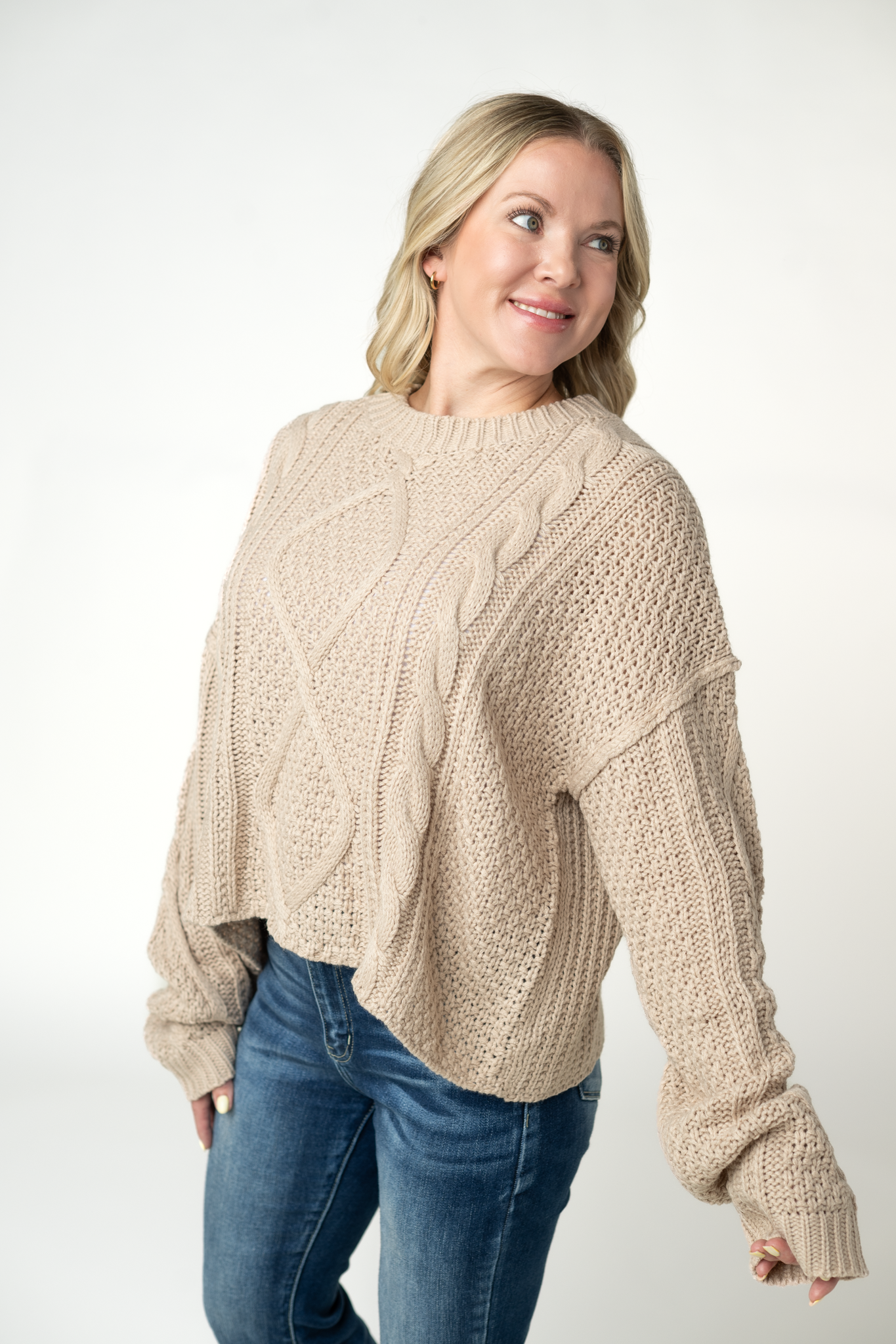 IN STOCK Cable Knit Sweater - Latte-sweater-Dear Me Southern Boutique, located in DeRidder, Louisiana