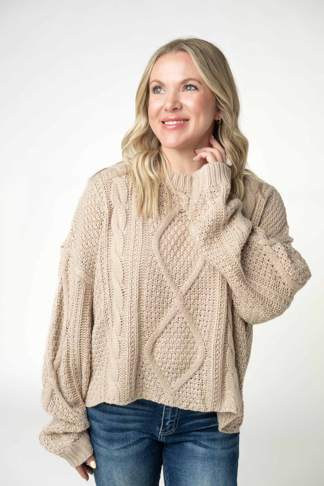 IN STOCK Cable Knit Sweater - Latte-sweater-Dear Me Southern Boutique, located in DeRidder, Louisiana
