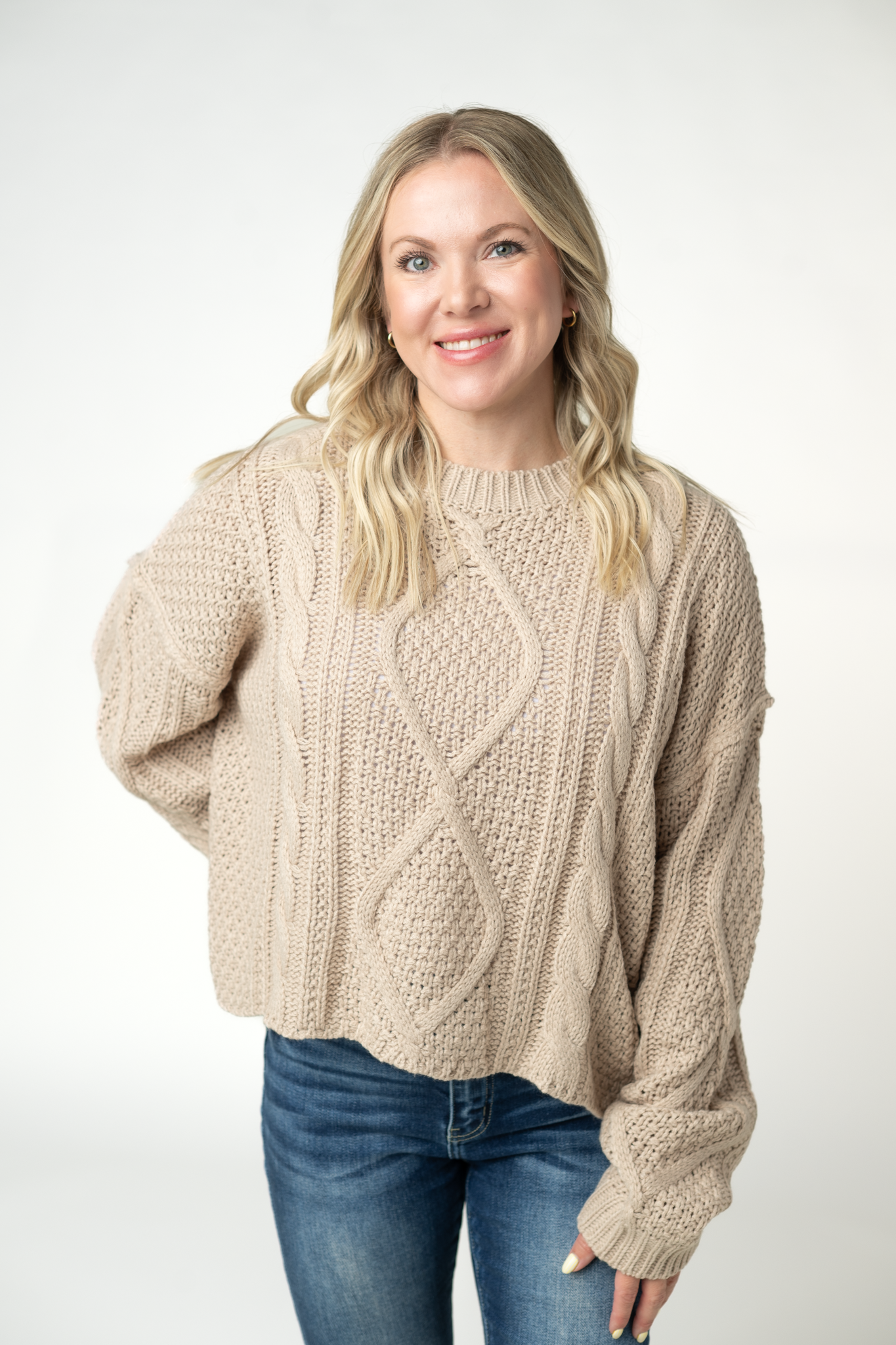 IN STOCK Cable Knit Sweater - Latte-sweater-Dear Me Southern Boutique, located in DeRidder, Louisiana