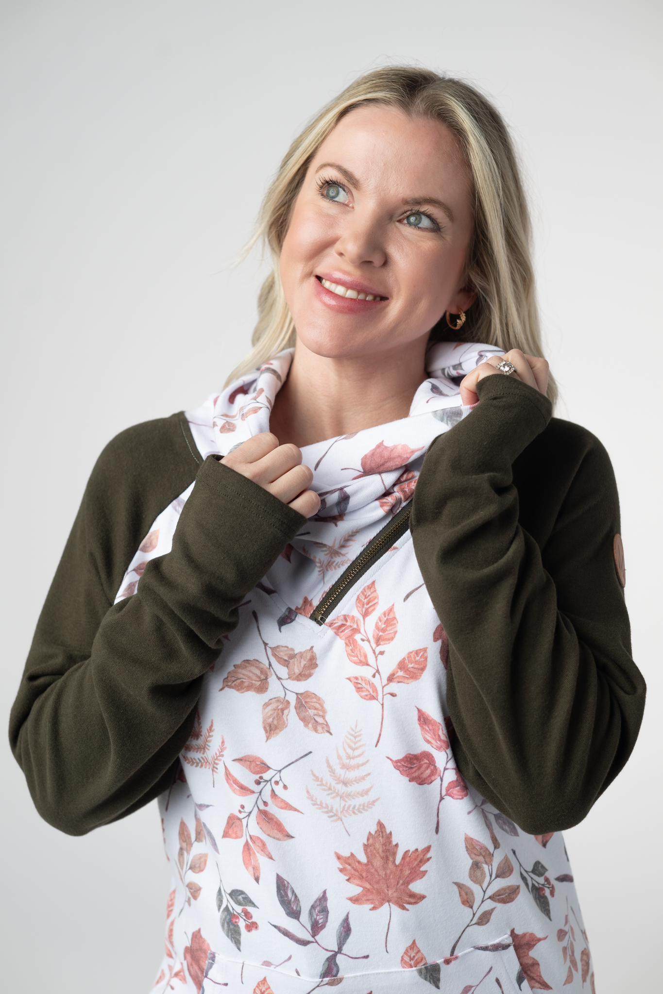 IN STOCK Classic Zoey ZipCowl Sweatshirt - Autumn Leaves and Olive-Pullover-Dear Me Southern Boutique, located in DeRidder, Louisiana