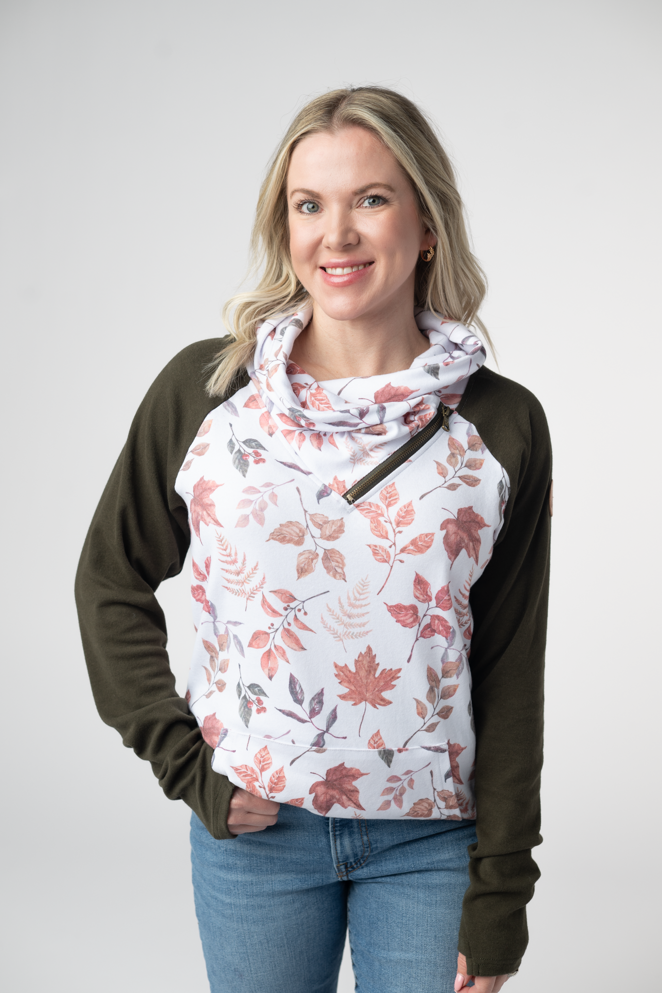 IN STOCK Classic Zoey ZipCowl Sweatshirt - Autumn Leaves and Olive-Pullover-Dear Me Southern Boutique, located in DeRidder, Louisiana