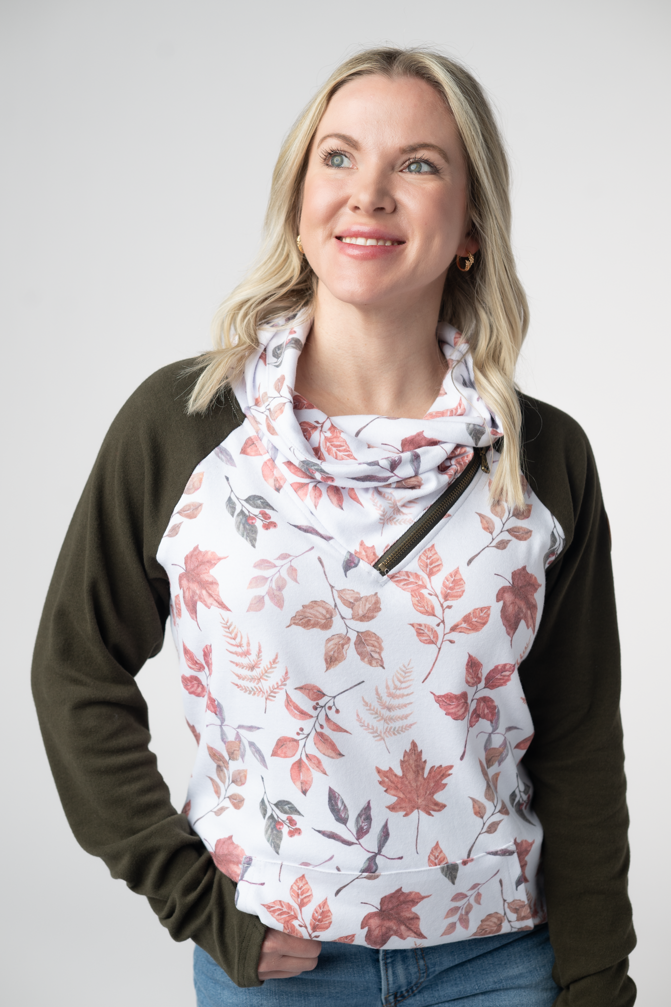 IN STOCK Classic Zoey ZipCowl Sweatshirt - Autumn Leaves and Olive-Pullover-Dear Me Southern Boutique, located in DeRidder, Louisiana