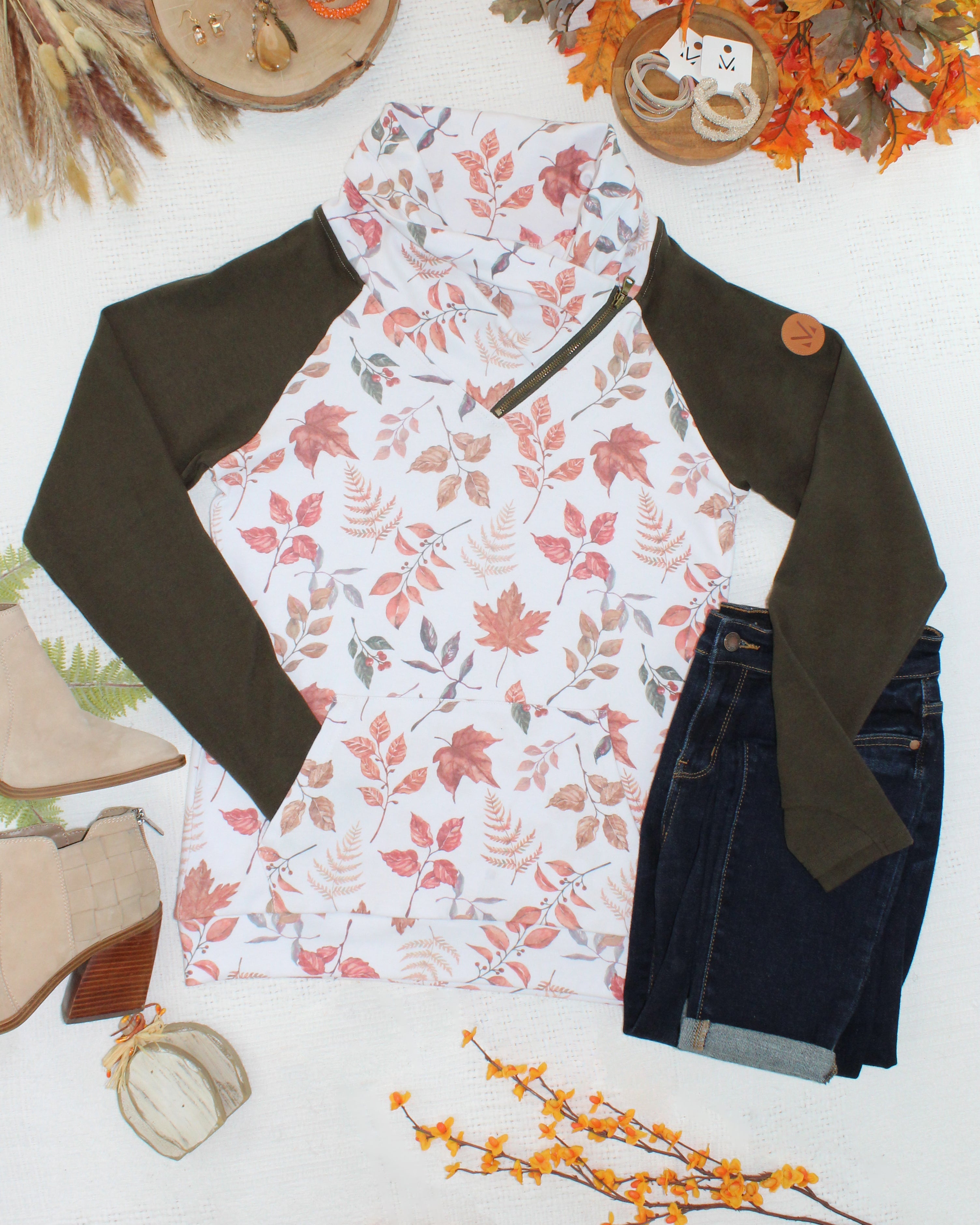 IN STOCK Classic Zoey ZipCowl Sweatshirt - Autumn Leaves and Olive-Pullover-Dear Me Southern Boutique, located in DeRidder, Louisiana