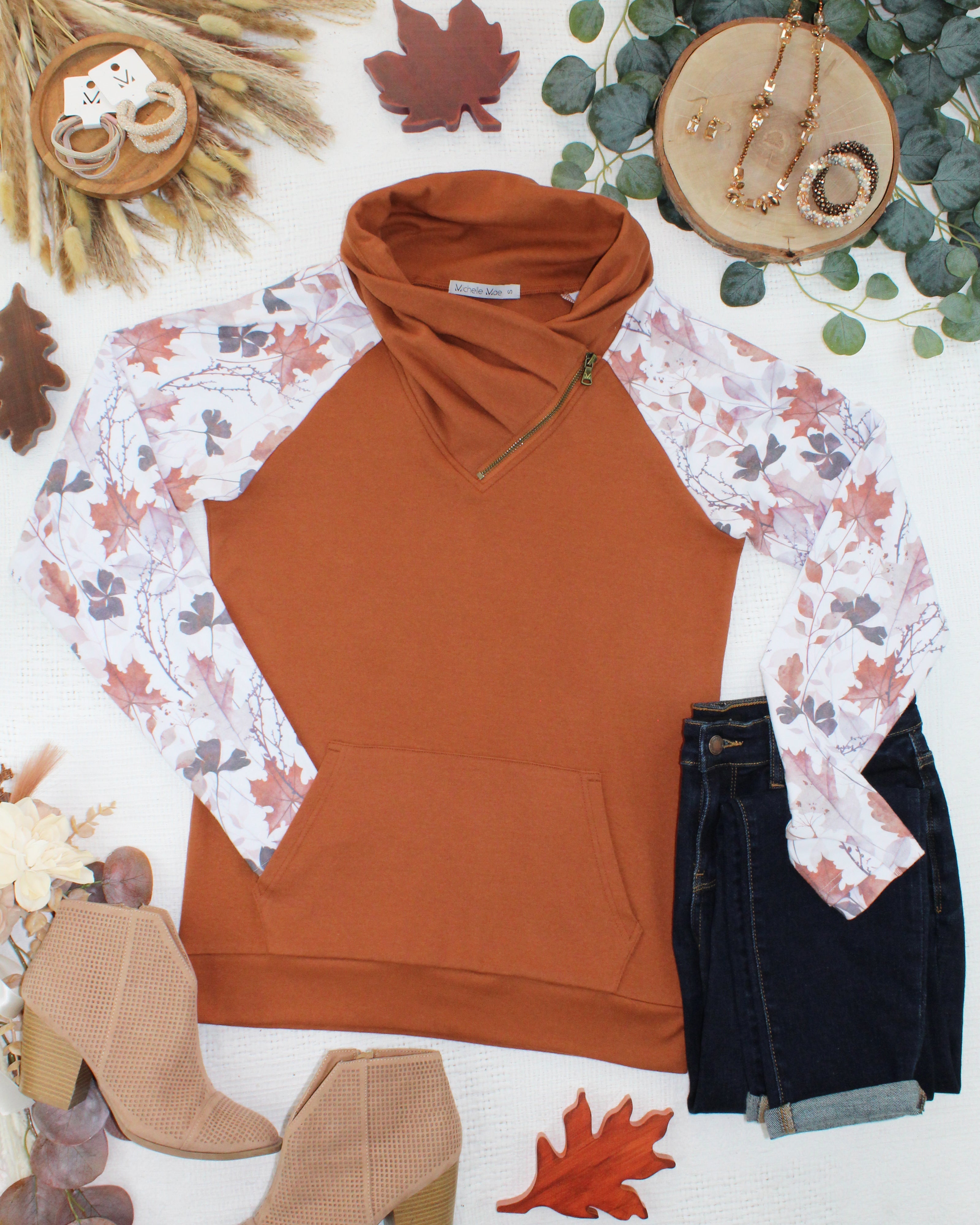 IN STOCK Classic Zoey ZipCowl Sweatshirt - Maple and Fall Foliage-Pullover-Dear Me Southern Boutique, located in DeRidder, Louisiana