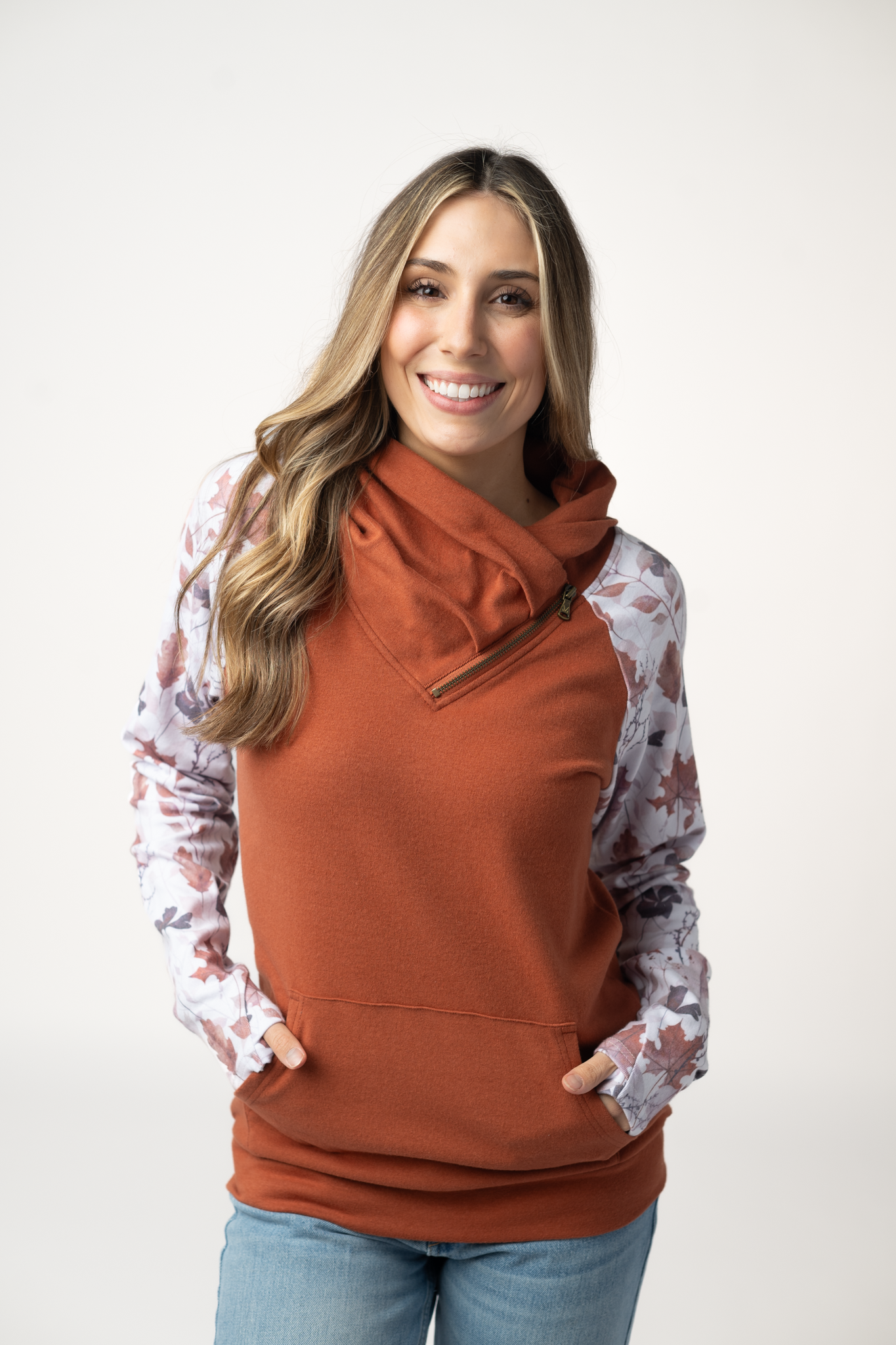 IN STOCK Classic Zoey ZipCowl Sweatshirt - Maple and Fall Foliage-Pullover-Dear Me Southern Boutique, located in DeRidder, Louisiana