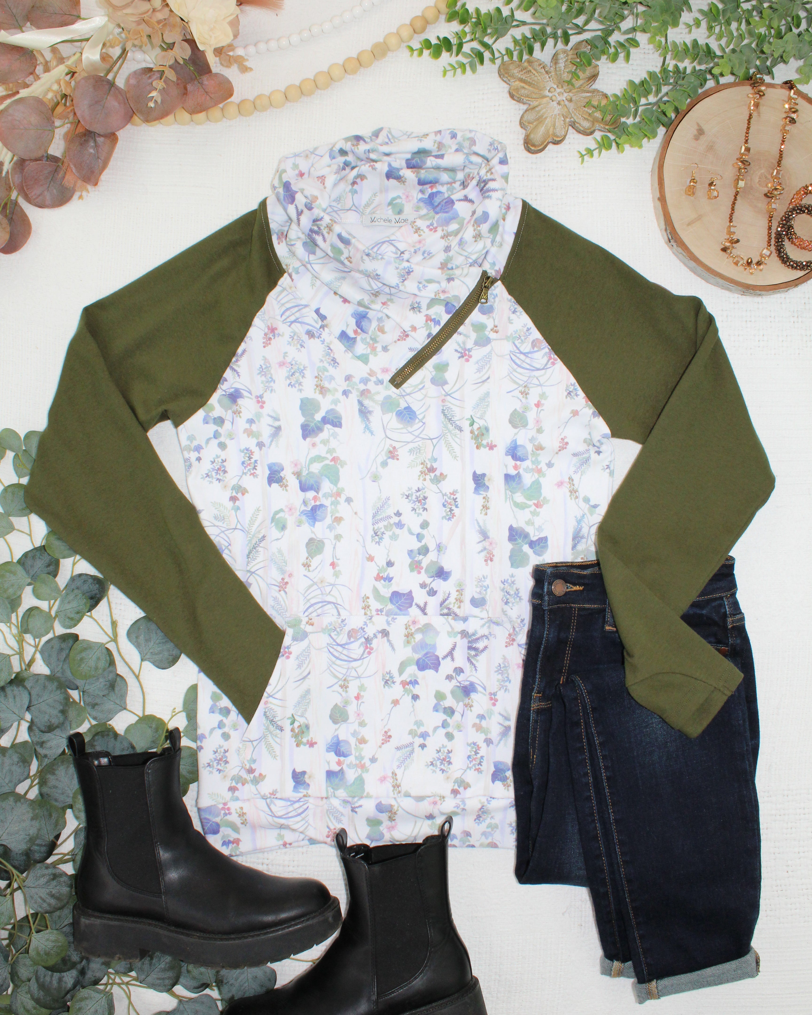 IN STOCK Classic Zoey ZipCowl Sweatshirt - Olive Meadow and Olive-Pullover-Dear Me Southern Boutique, located in DeRidder, Louisiana