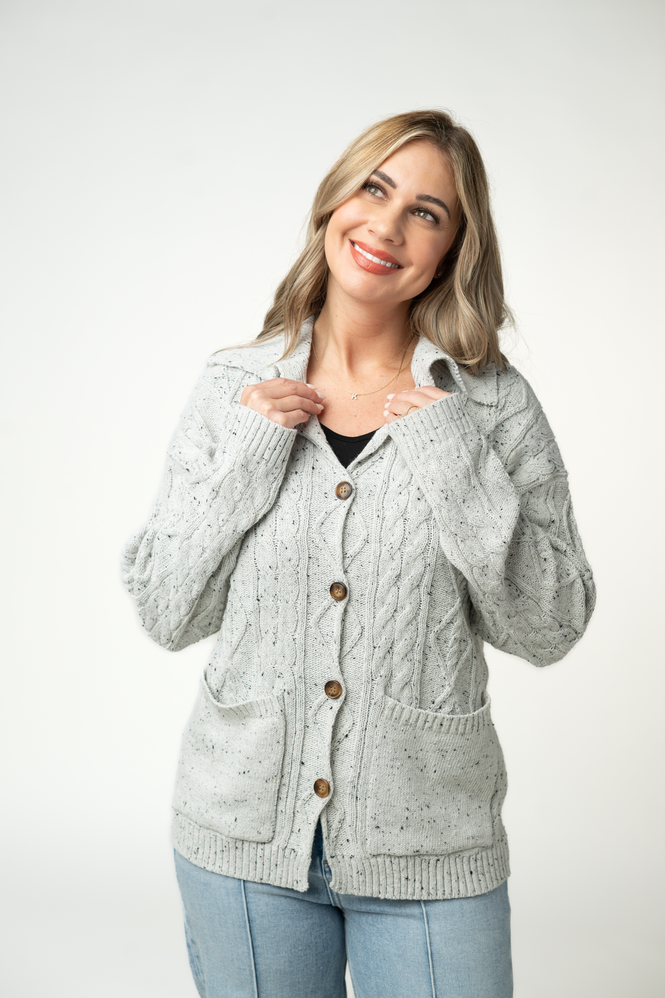 IN STOCK Confetti Dot Cable Cardigan Jacket - Grey-outerwear-Dear Me Southern Boutique, located in DeRidder, Louisiana