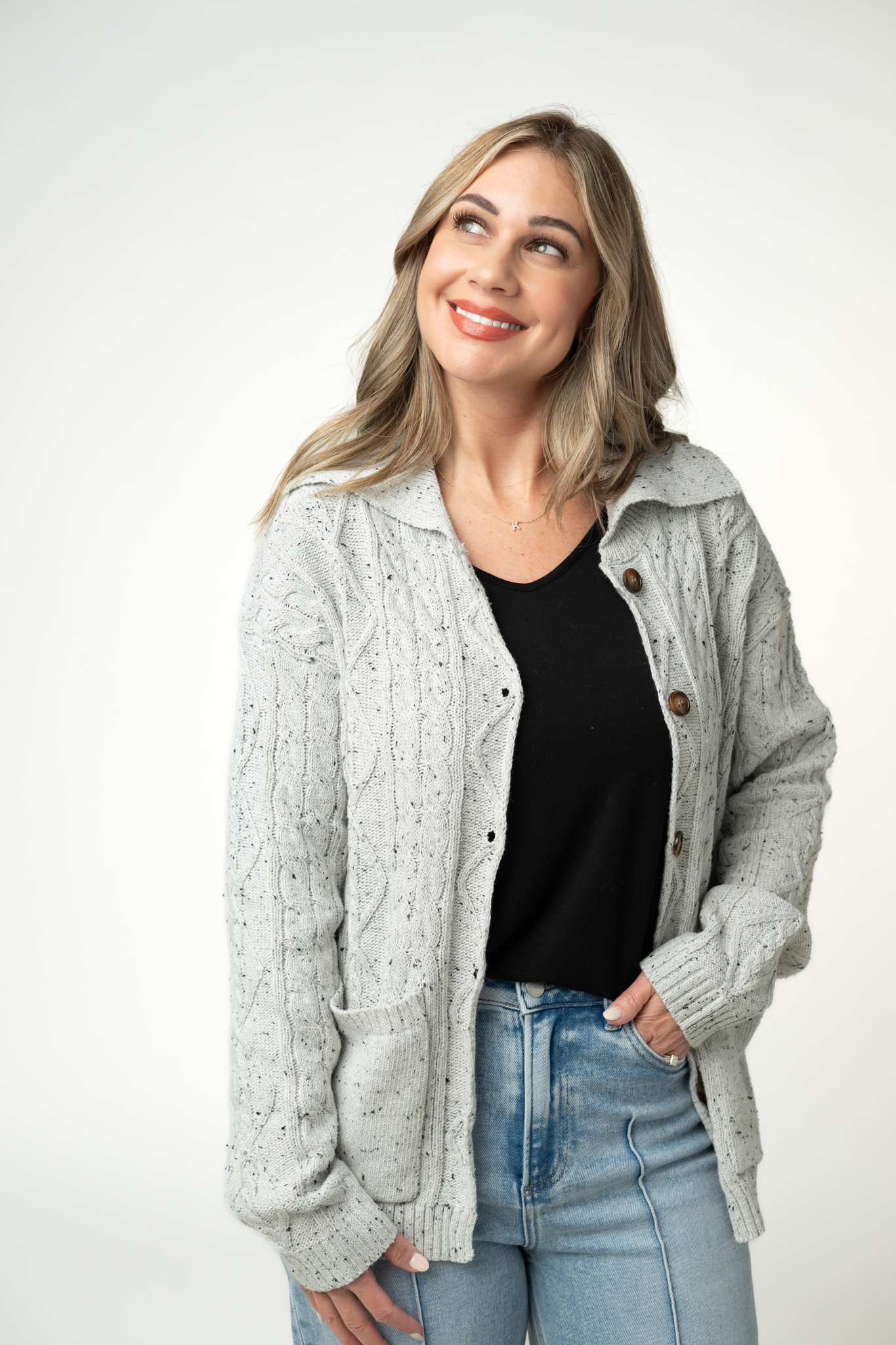IN STOCK Confetti Dot Cable Cardigan Jacket - Grey-outerwear-Dear Me Southern Boutique, located in DeRidder, Louisiana
