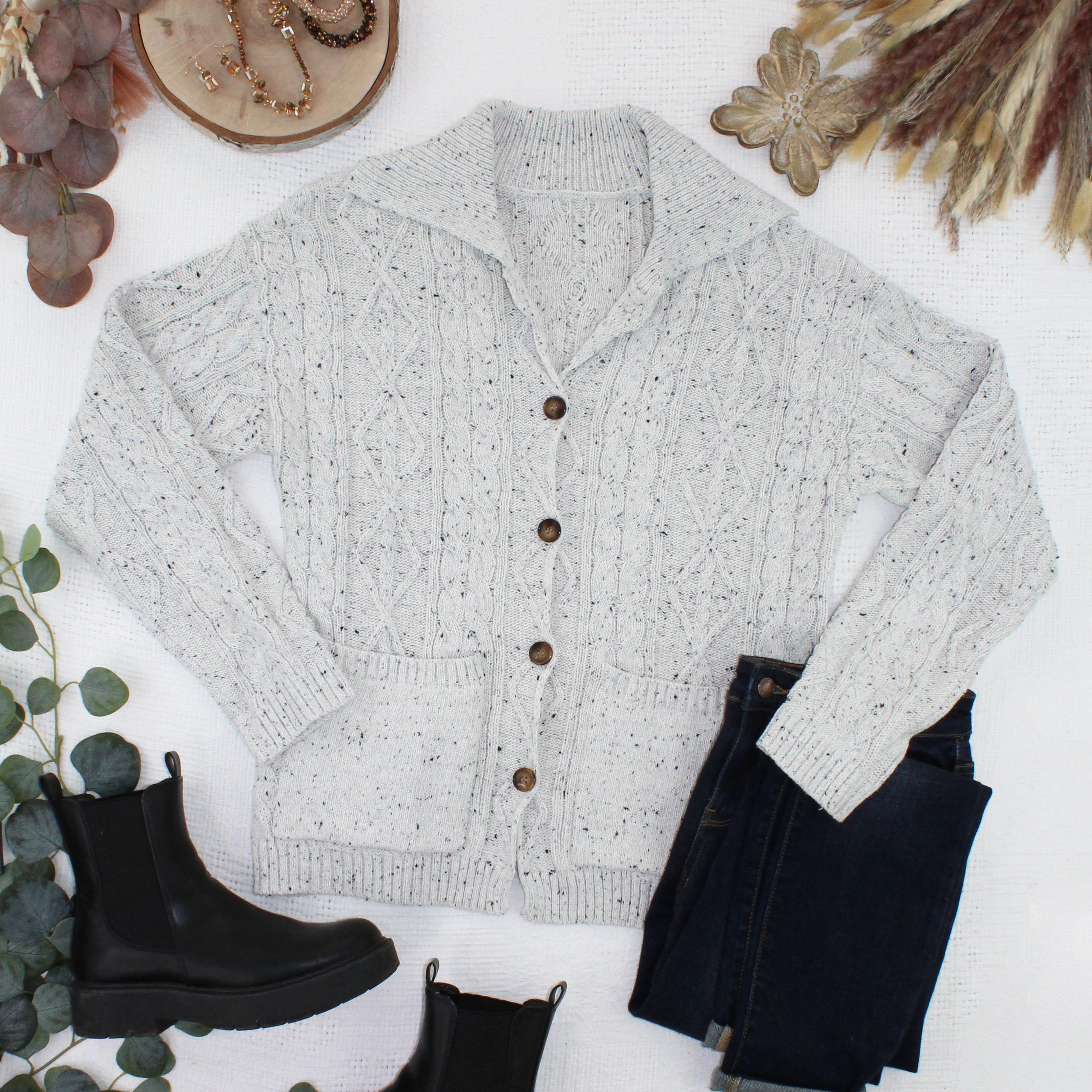 IN STOCK Confetti Dot Cable Cardigan Jacket - Grey-outerwear-Dear Me Southern Boutique, located in DeRidder, Louisiana