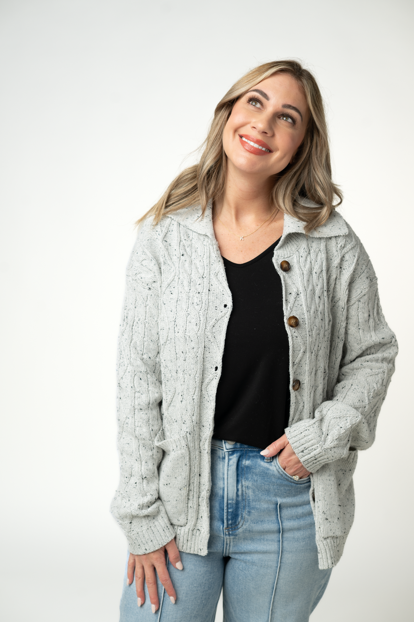 IN STOCK Confetti Dot Cable Cardigan Jacket - Grey-outerwear-Dear Me Southern Boutique, located in DeRidder, Louisiana
