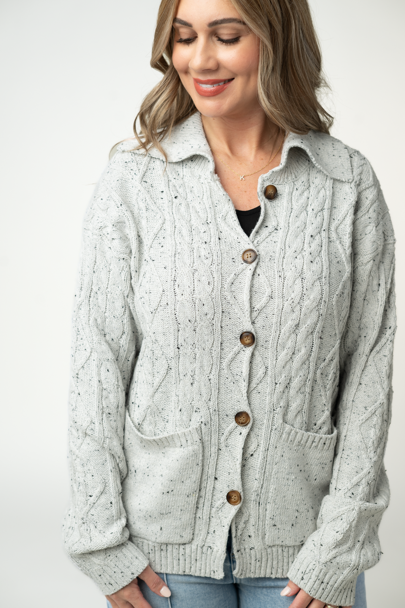 IN STOCK Confetti Dot Cable Cardigan Jacket - Grey-outerwear-Dear Me Southern Boutique, located in DeRidder, Louisiana