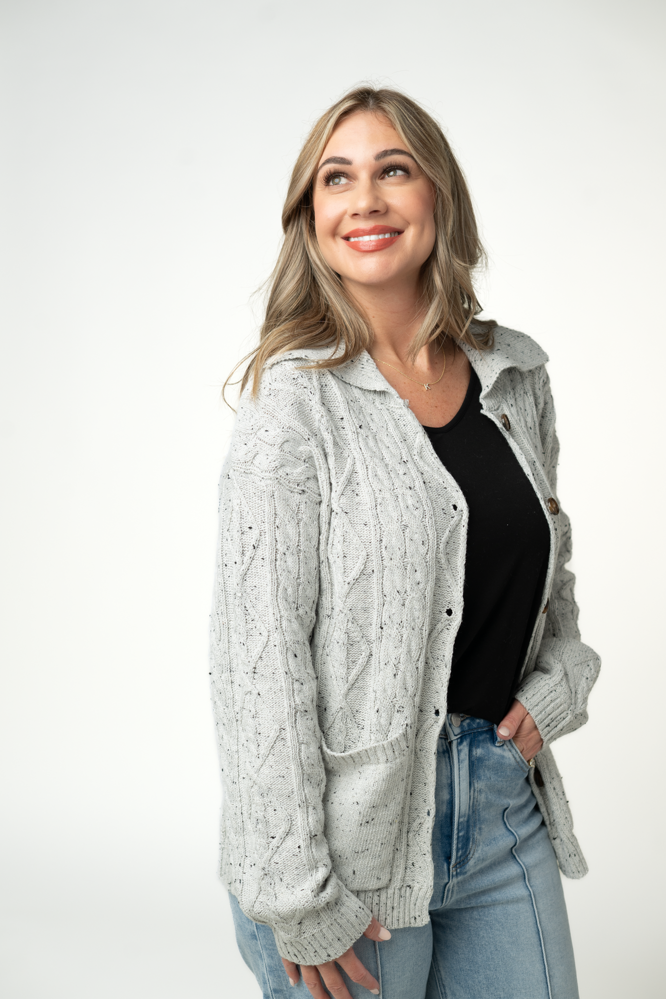 IN STOCK Confetti Dot Cable Cardigan Jacket - Grey-outerwear-Dear Me Southern Boutique, located in DeRidder, Louisiana