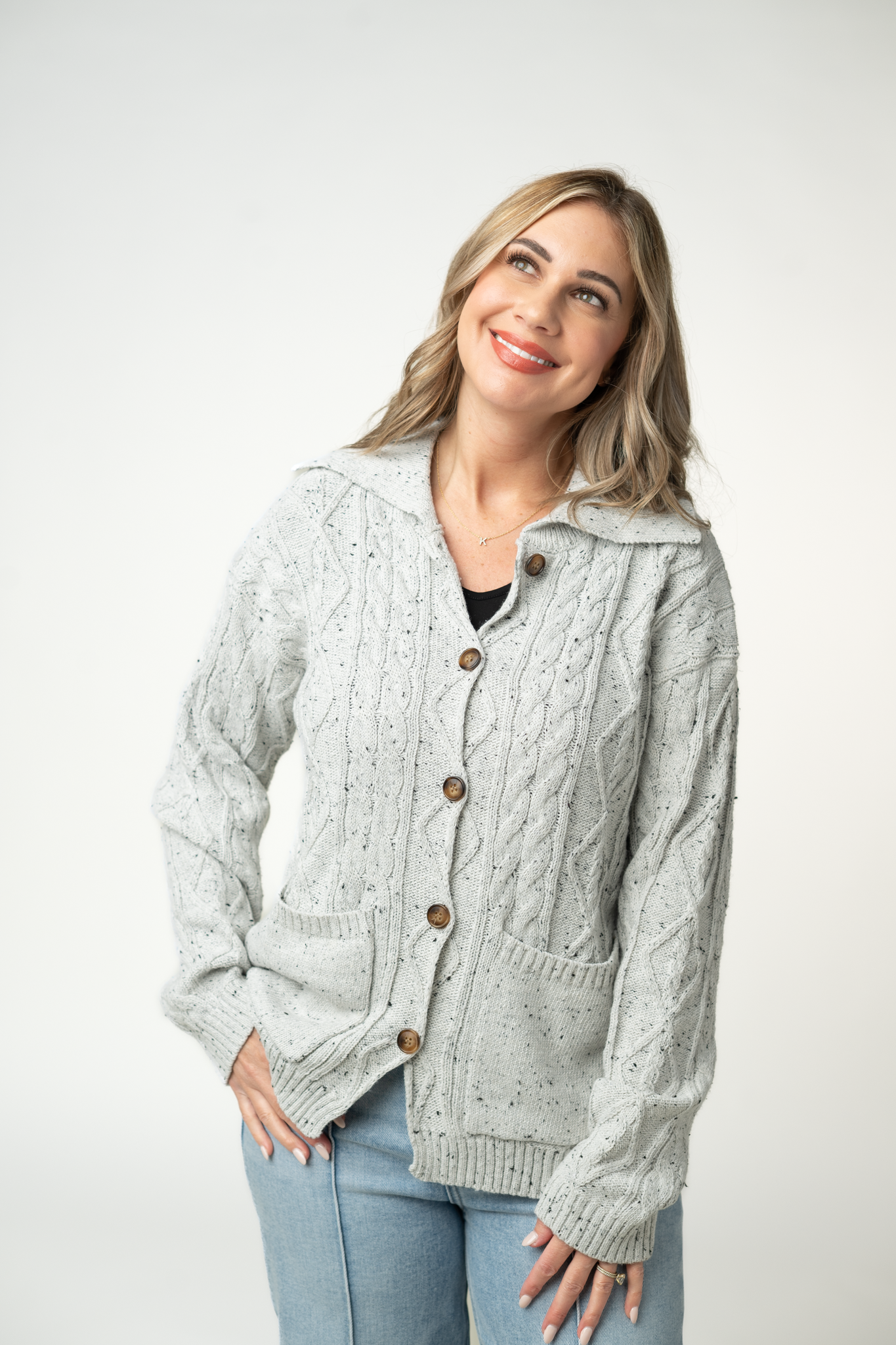 IN STOCK Confetti Dot Cable Cardigan Jacket - Grey-outerwear-Dear Me Southern Boutique, located in DeRidder, Louisiana