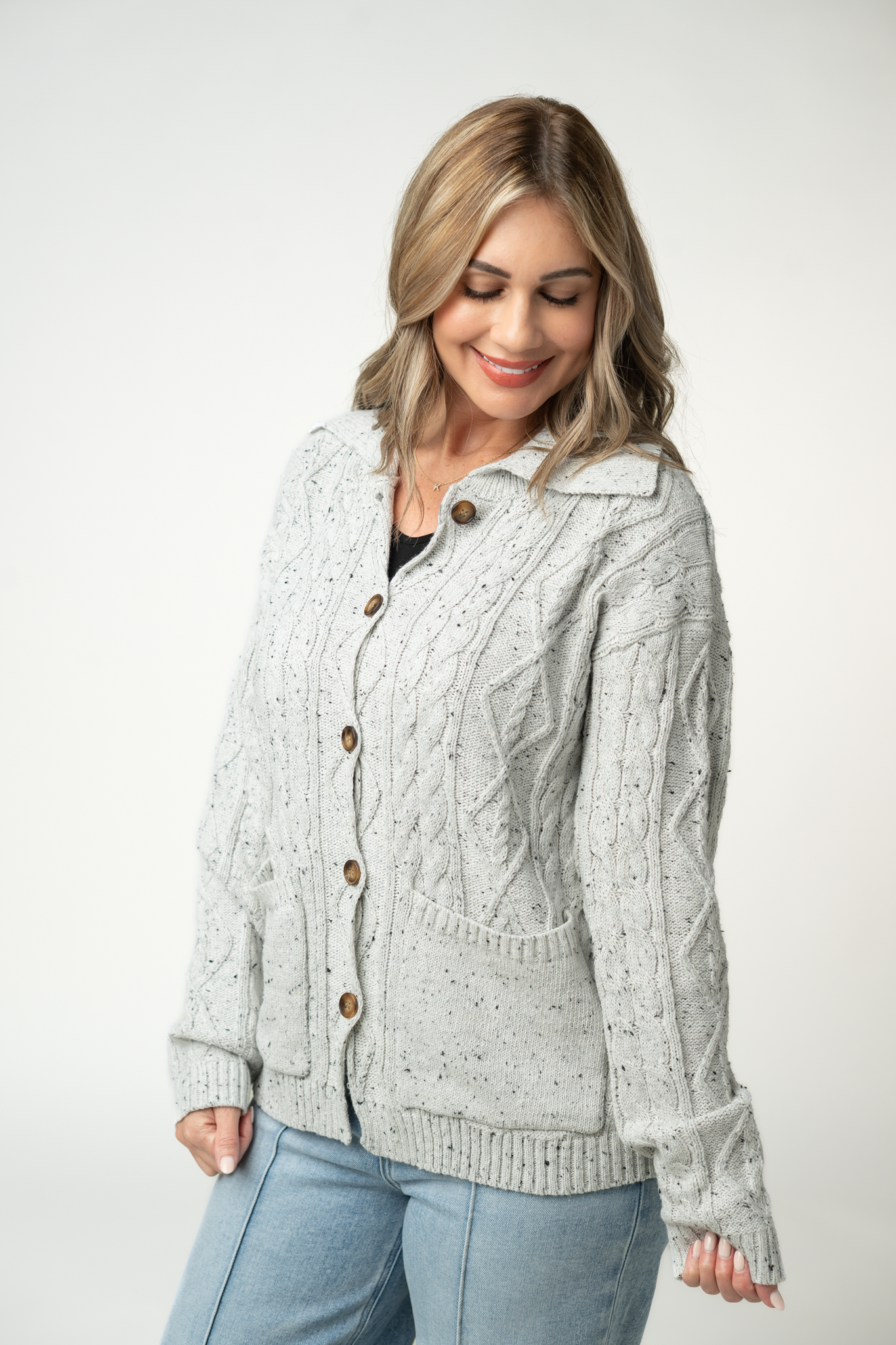IN STOCK Confetti Dot Cable Cardigan Jacket - Grey-outerwear-Dear Me Southern Boutique, located in DeRidder, Louisiana