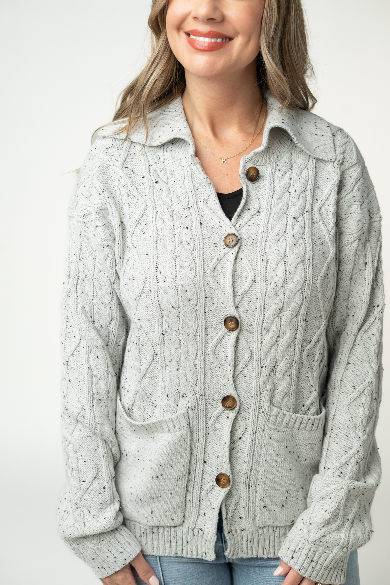 IN STOCK Confetti Dot Cable Cardigan Jacket - Grey-outerwear-Dear Me Southern Boutique, located in DeRidder, Louisiana