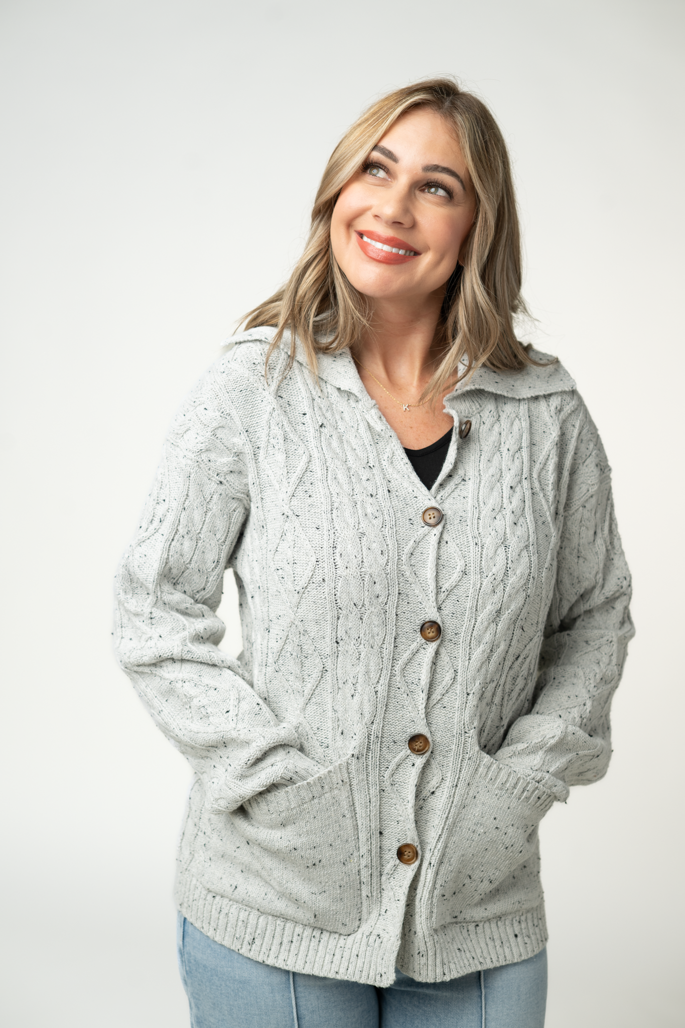 IN STOCK Confetti Dot Cable Cardigan Jacket - Grey-outerwear-Dear Me Southern Boutique, located in DeRidder, Louisiana