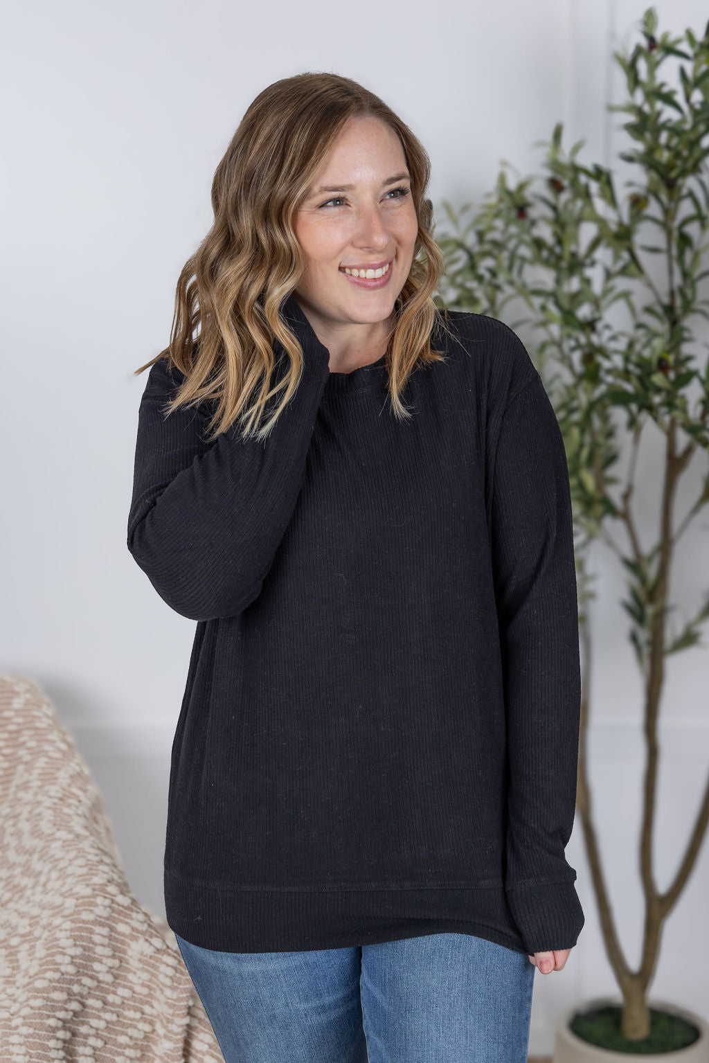 IN STOCK Corrine Ribbed Pullover Top - Black-Pullover-Dear Me Southern Boutique, located in DeRidder, Louisiana