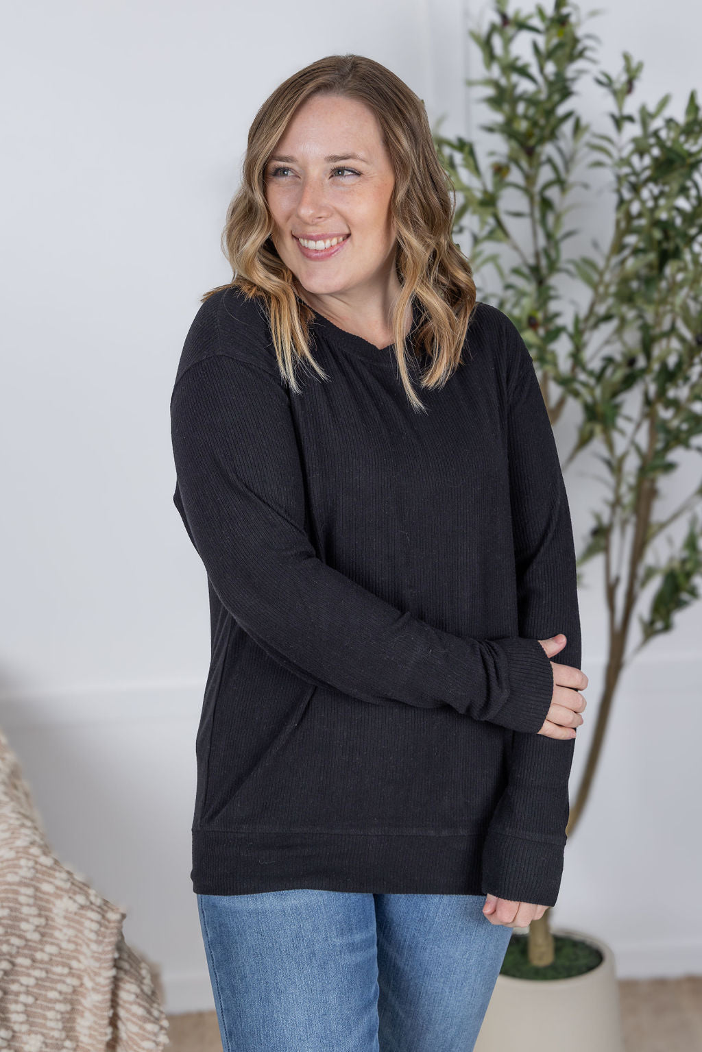 IN STOCK Corrine Ribbed Pullover Top - Black-Pullover-Dear Me Southern Boutique, located in DeRidder, Louisiana