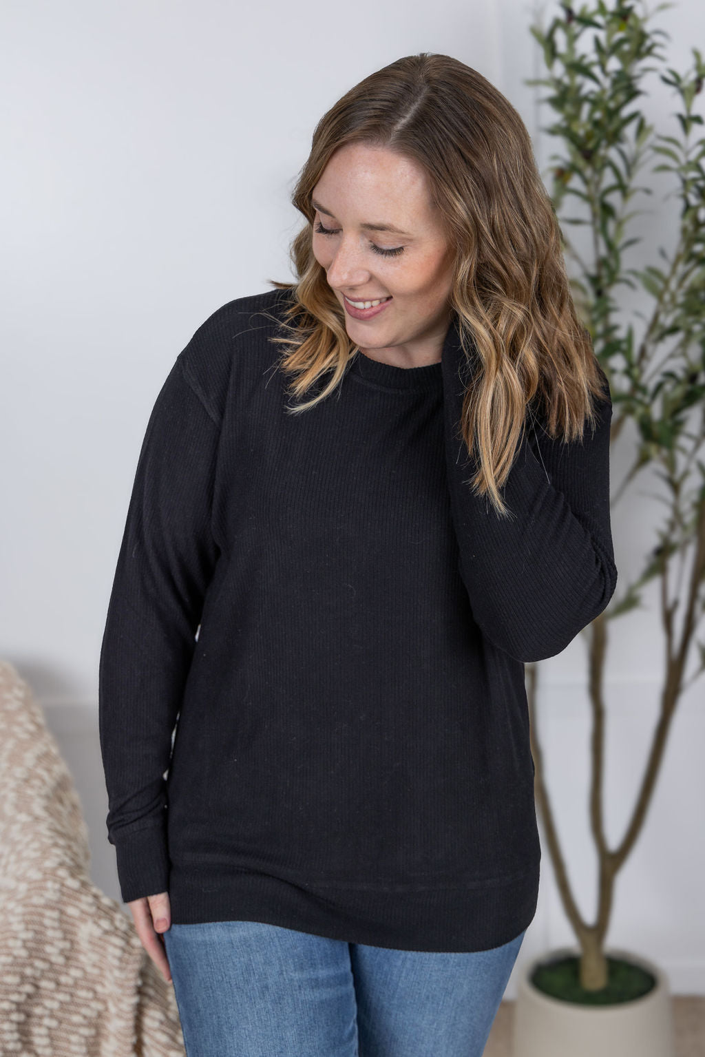 IN STOCK Corrine Ribbed Pullover Top - Black-Pullover-Dear Me Southern Boutique, located in DeRidder, Louisiana