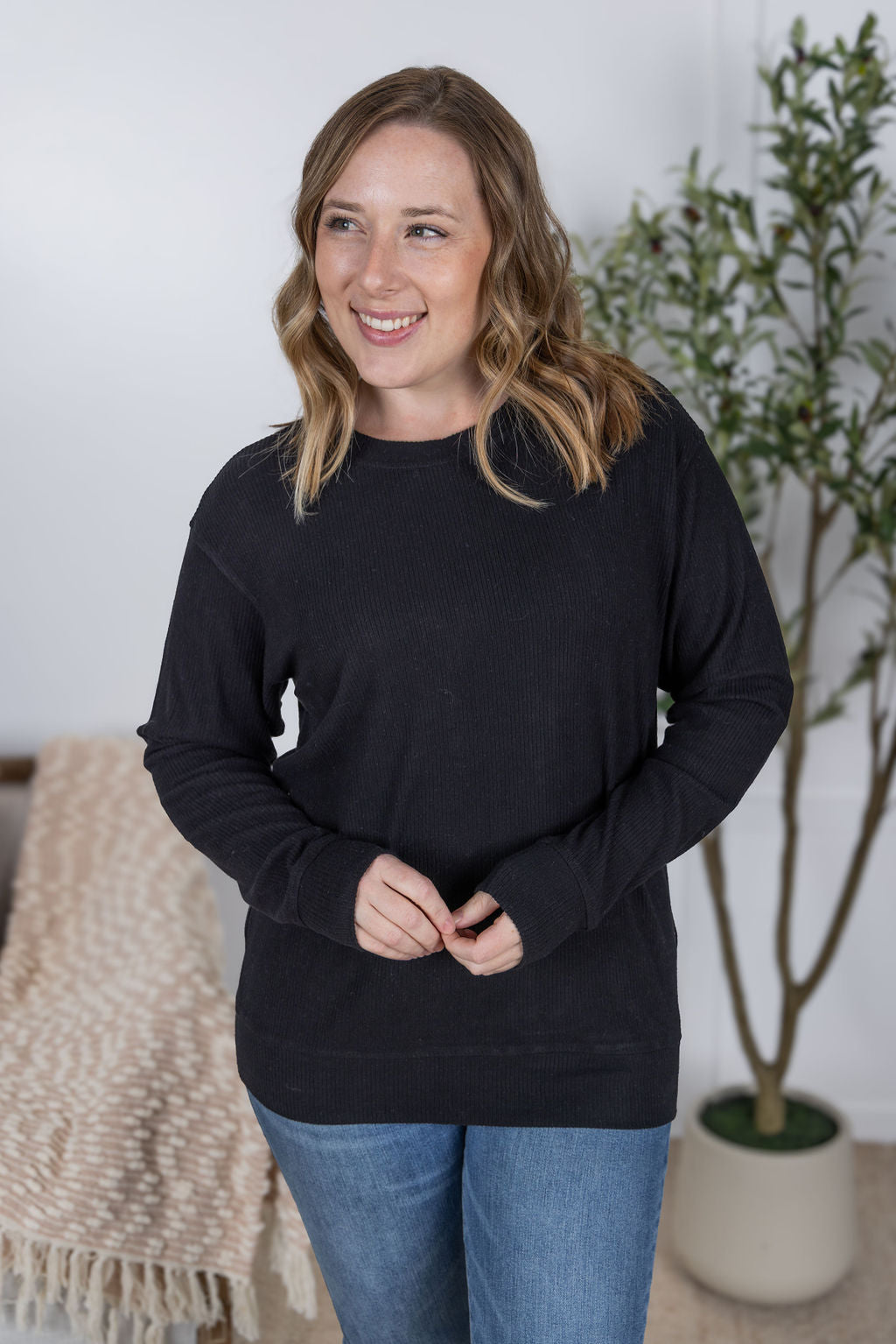 IN STOCK Corrine Ribbed Pullover Top - Black-Pullover-Dear Me Southern Boutique, located in DeRidder, Louisiana