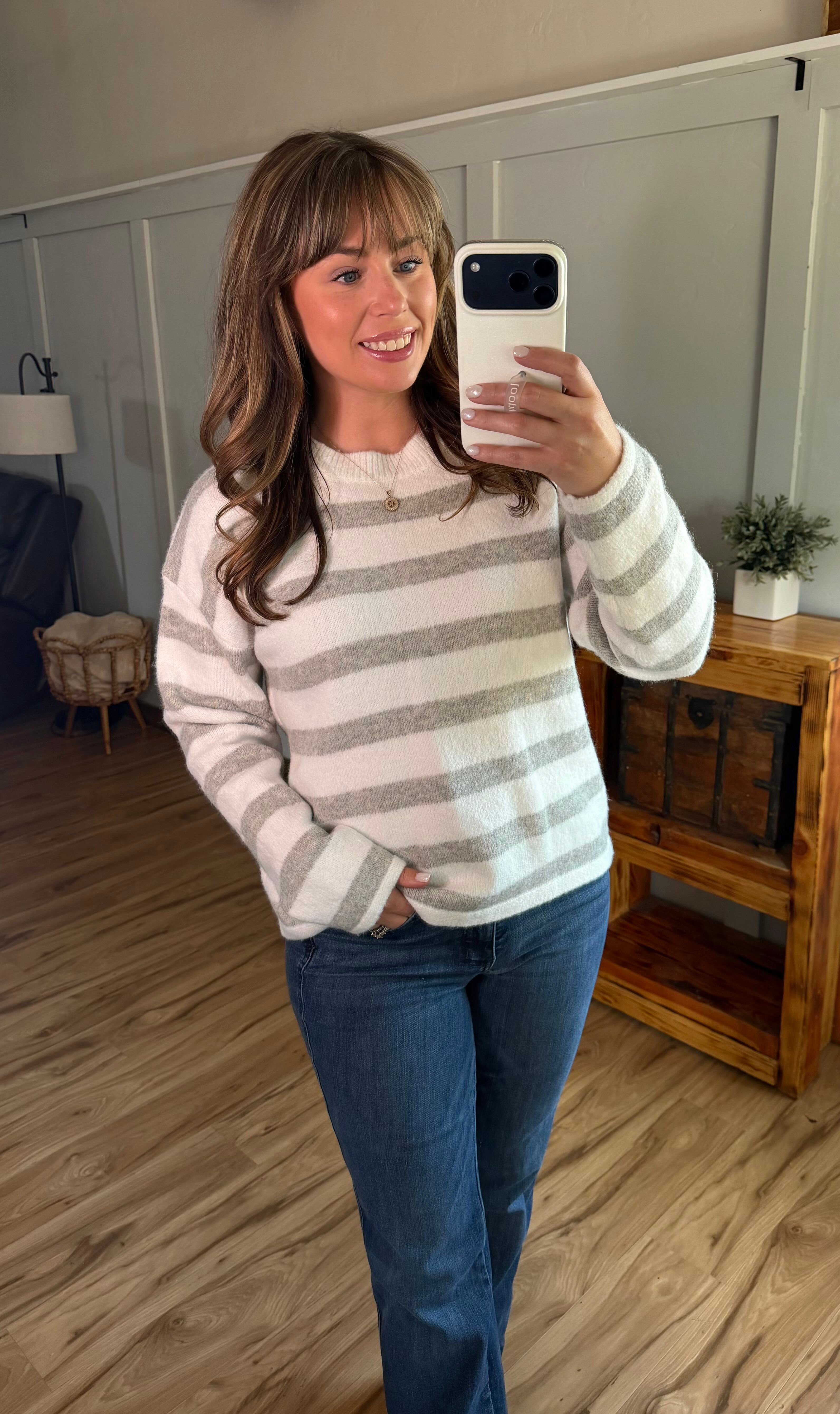IN STOCK Cozy Stripe Sweater - Grey and White-Sweater-Dear Me Southern Boutique, located in DeRidder, Louisiana