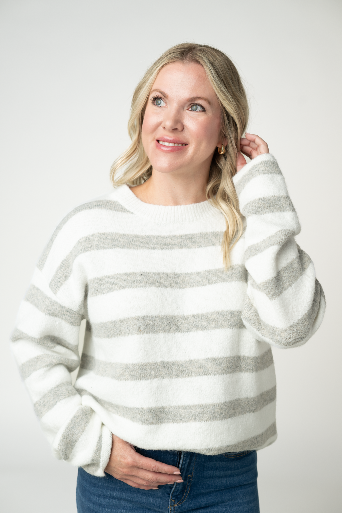 IN STOCK Cozy Stripe Sweater - Grey and White-Sweater-Dear Me Southern Boutique, located in DeRidder, Louisiana