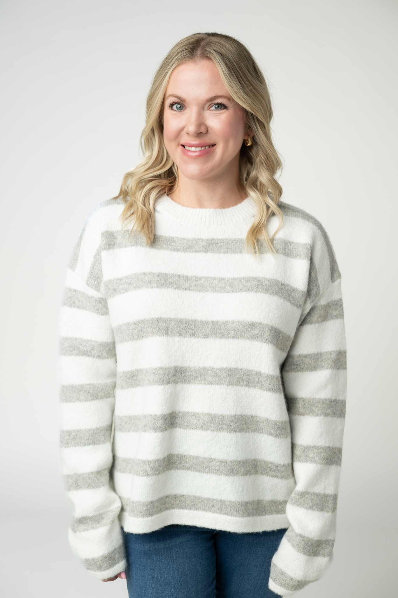 IN STOCK Cozy Stripe Sweater - Grey and White-Sweater-Dear Me Southern Boutique, located in DeRidder, Louisiana