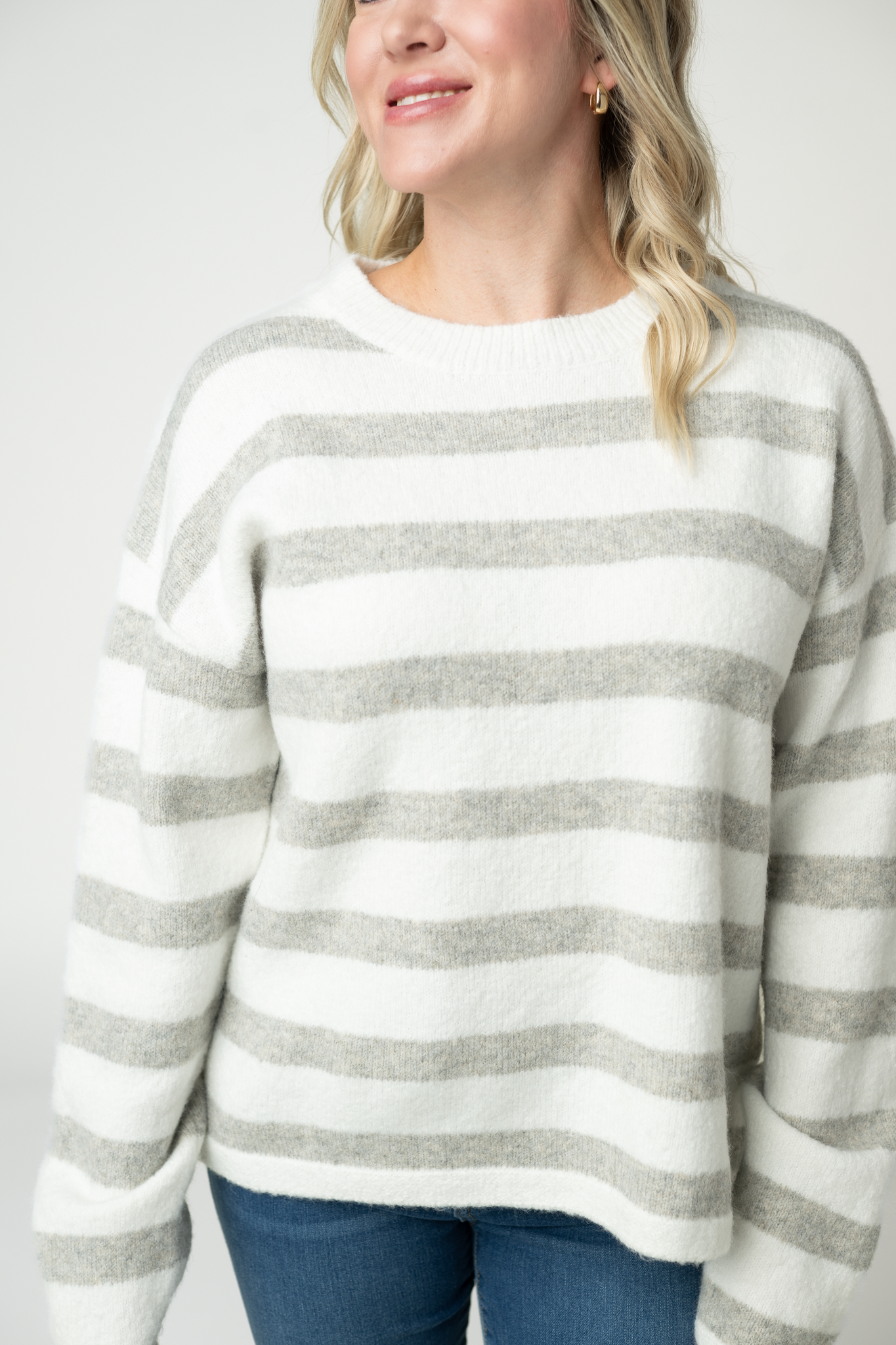 IN STOCK Cozy Stripe Sweater - Grey and White-Sweater-Dear Me Southern Boutique, located in DeRidder, Louisiana
