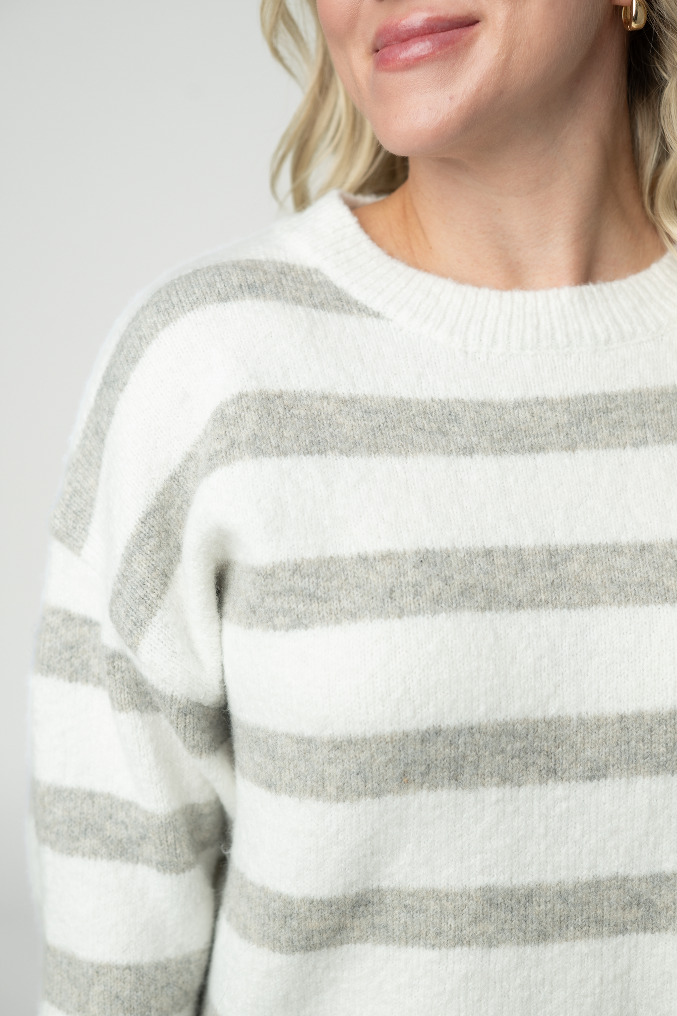 IN STOCK Cozy Stripe Sweater - Grey and White-Sweater-Dear Me Southern Boutique, located in DeRidder, Louisiana