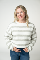 IN STOCK Cozy Stripe Sweater - Grey and White-Sweater-Dear Me Southern Boutique, located in DeRidder, Louisiana